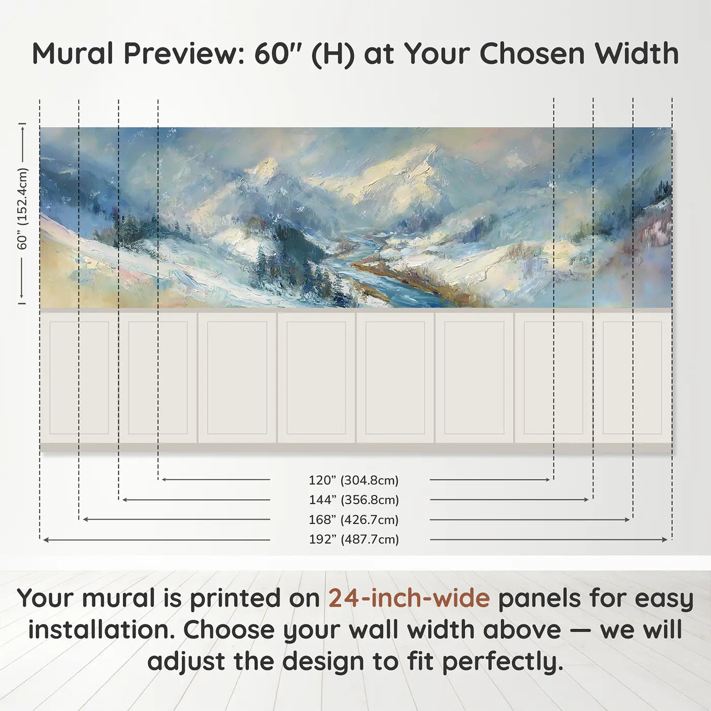 Panel dimensions for Snow Mountain River Valley Wainscoting Wallpaper by Whimsy Tots