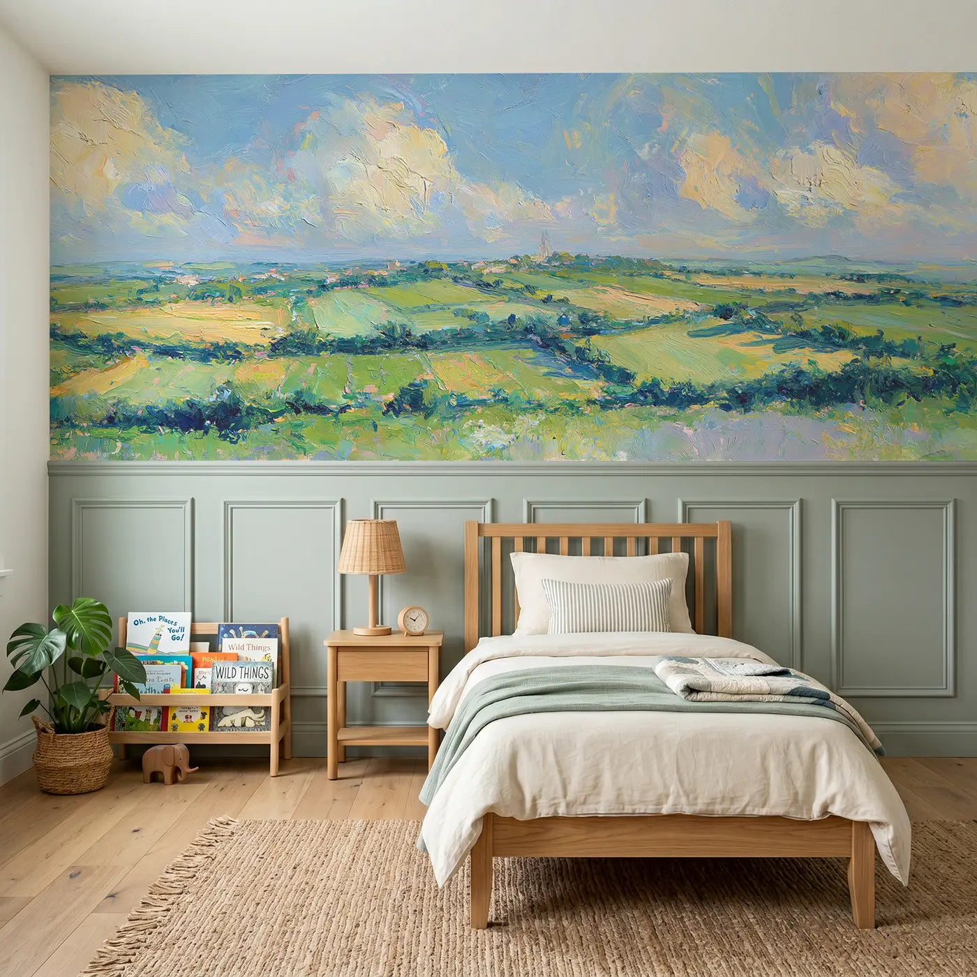 Painted Landscape rolling green patchwork wainscoting wallpaper for bedroom by Whimsy Tots