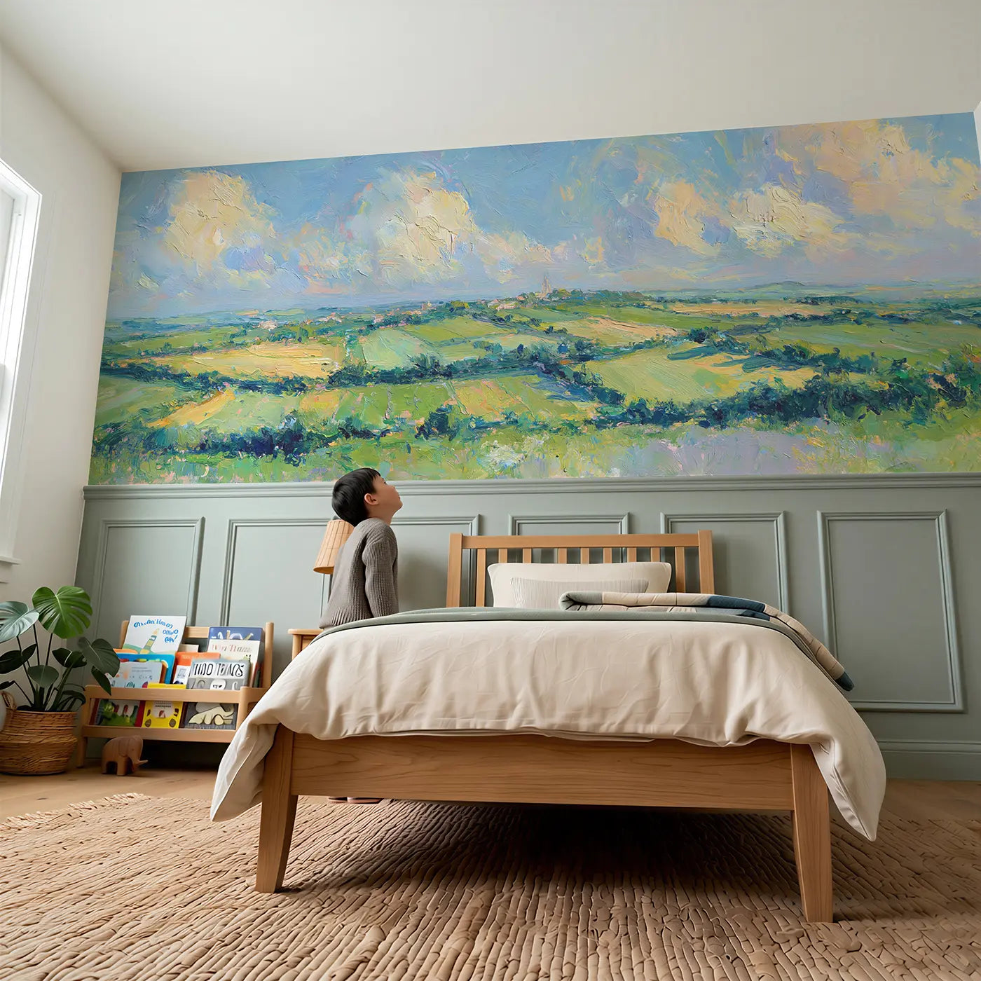 Child reading near Rolling Green Patchwork Wainscoting Wallpaper by Whimsy Tots