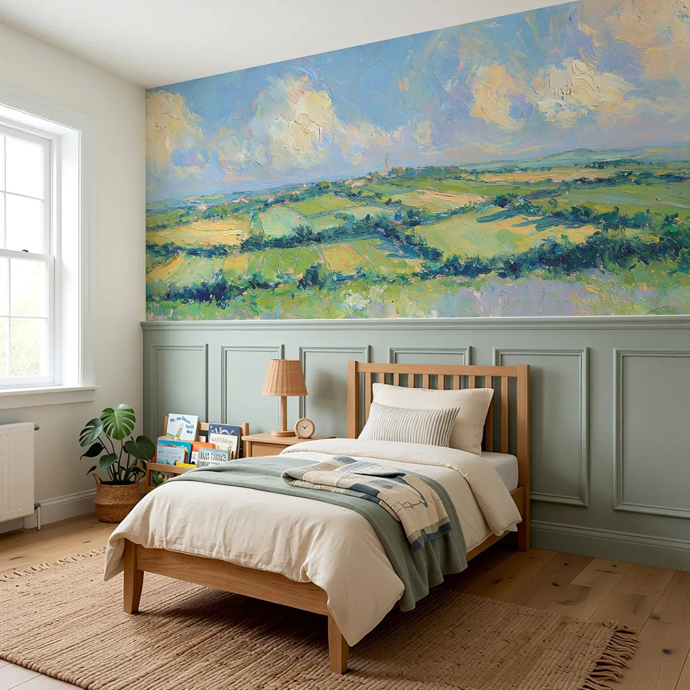 Rolling Green Patchwork Wainscoting Wallpaper styled in a kids bedroom by Whimsy Tots