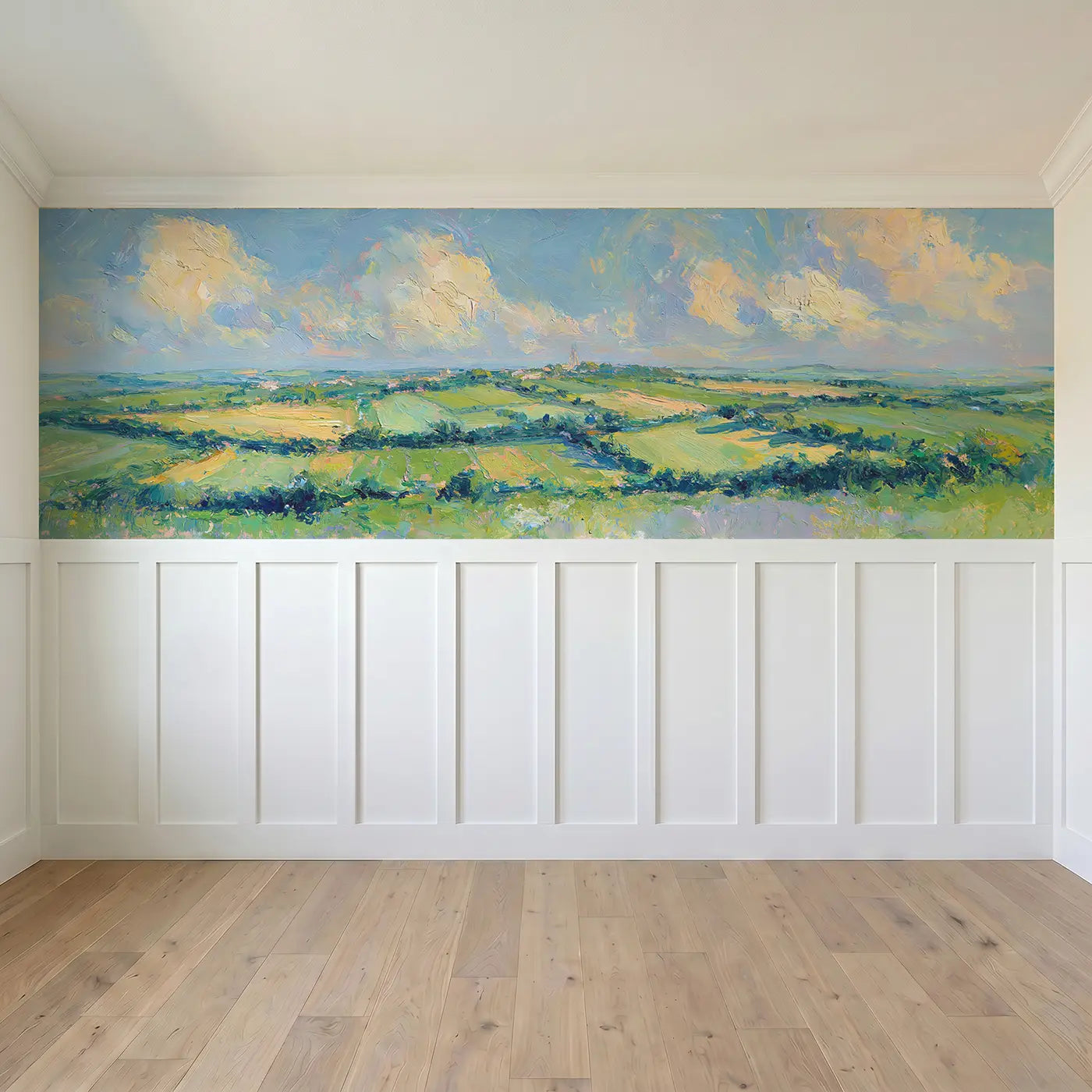 Full panel view of Rolling Green Patchwork Wainscoting Wallpaper by Whimsy Tots