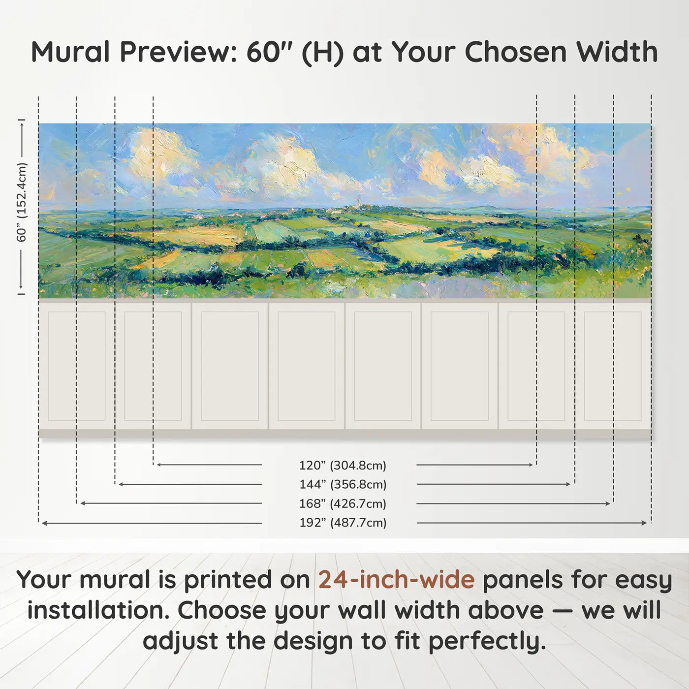Panel dimensions for Rolling Green Patchwork Wainscoting Wallpaper by Whimsy Tots