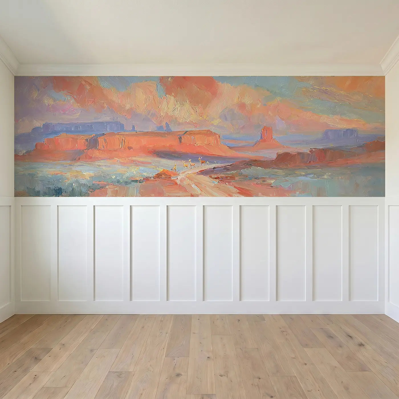 Full panel view of Desert Mesa Warm Evening Wainscoting Wallpaper by Whimsy Tots