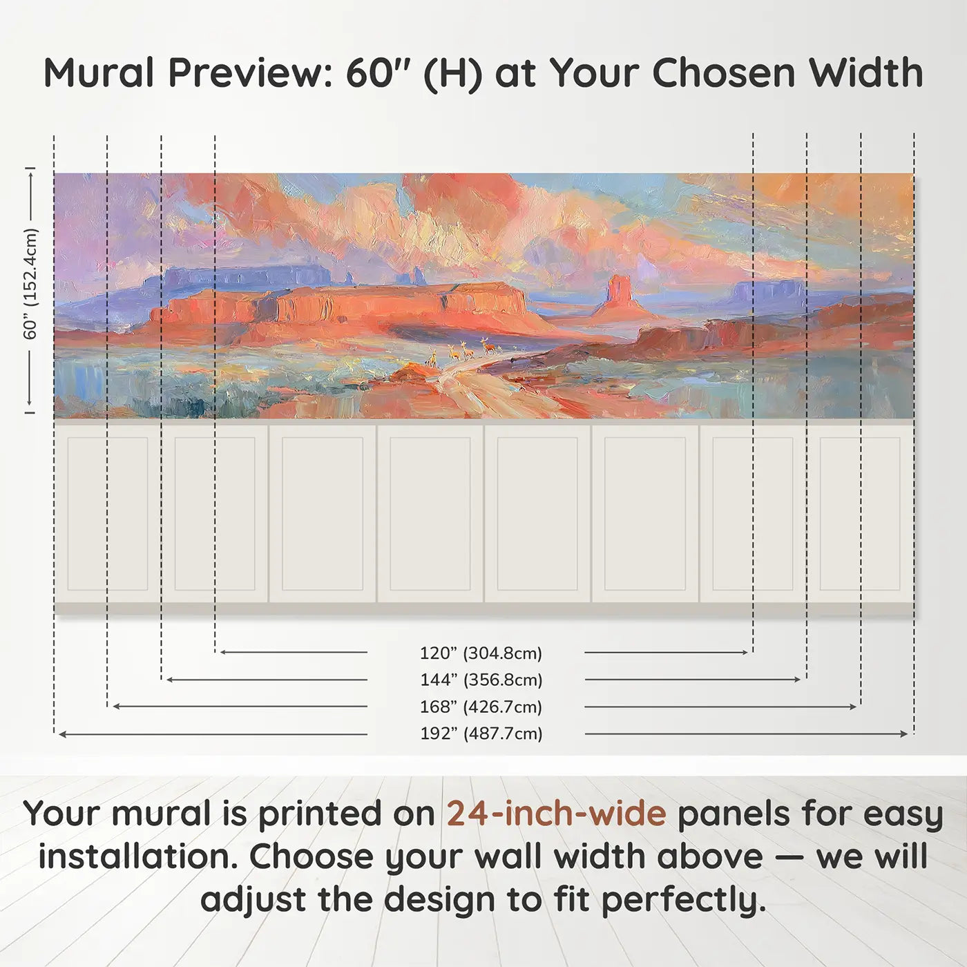 Panel dimensions for Desert Mesa Warm Evening Wainscoting Wallpaper by Whimsy Tots