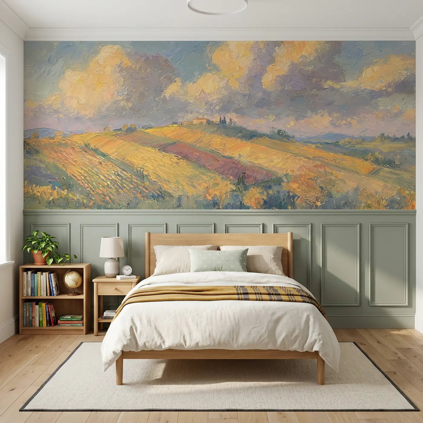Painted Landscape hillside vineyard autumn wainscoting wallpaper for bedroom by Whimsy Tots