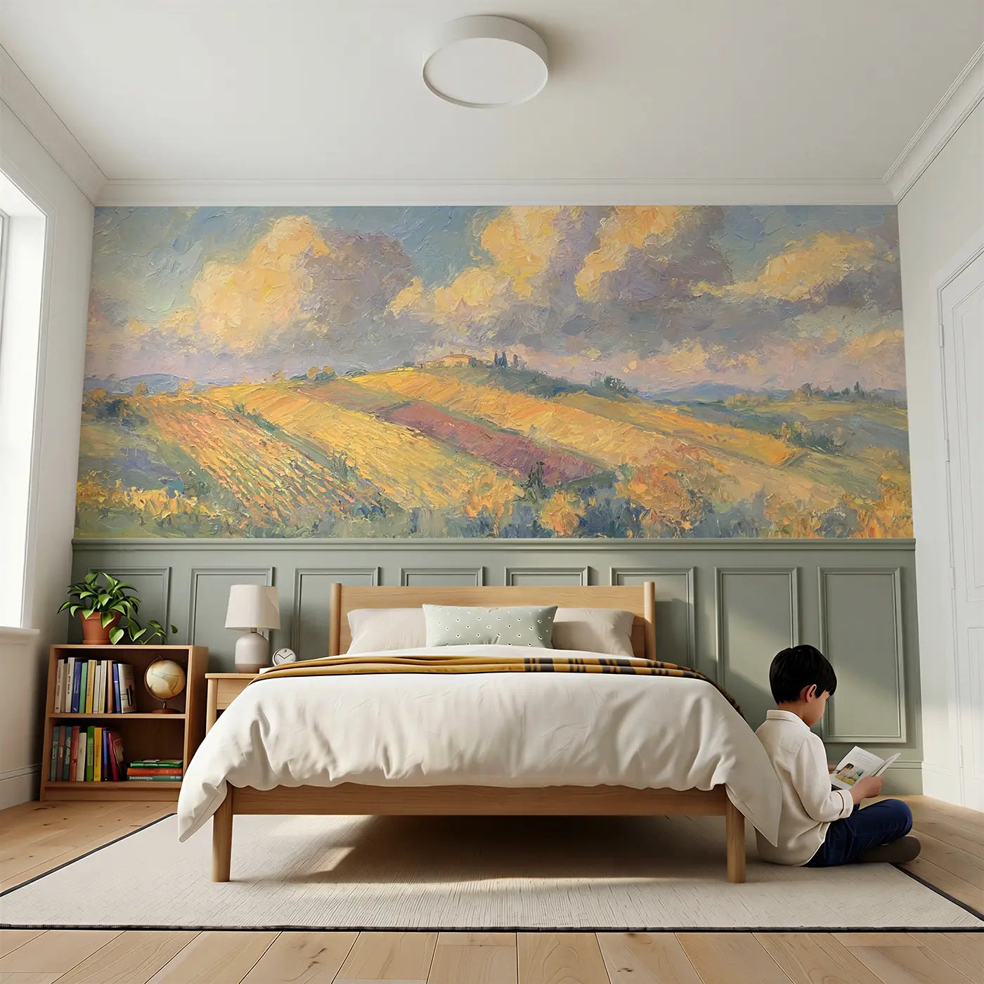 Child reading near Hillside Vineyard Autumn Wainscoting Wallpaper by Whimsy Tots