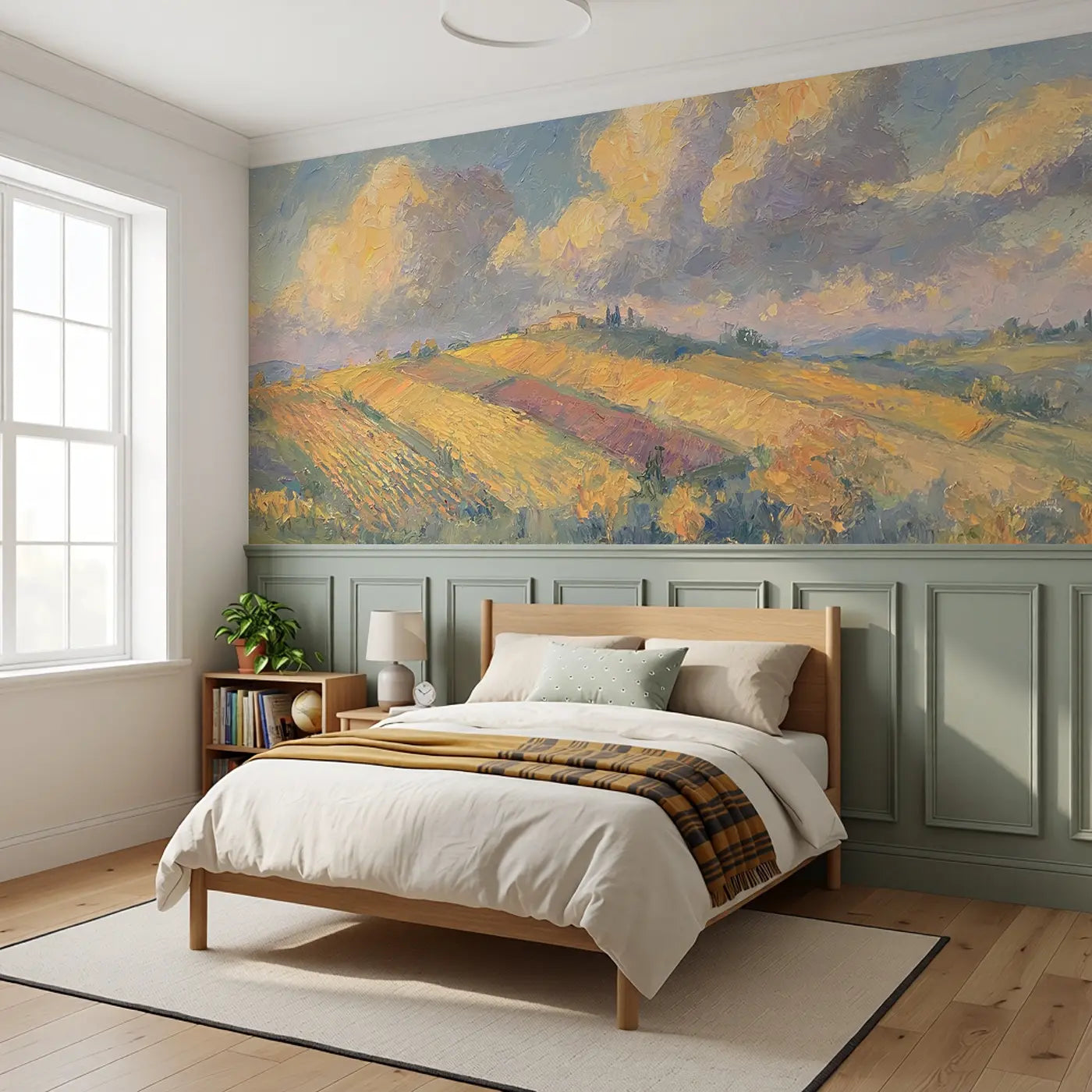 Hillside Vineyard Autumn Wainscoting Wallpaper styled in a kids bedroom by Whimsy Tots