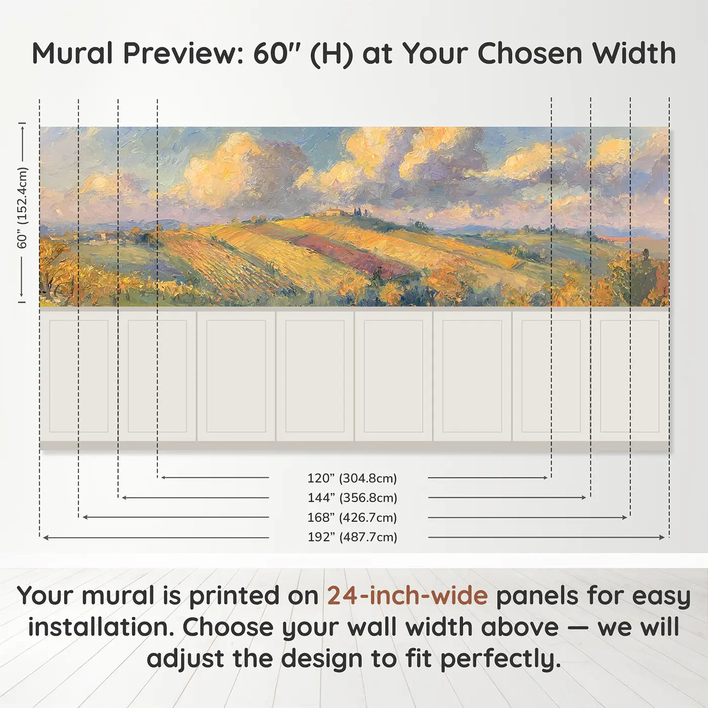 Panel dimensions for Hillside Vineyard Autumn Wainscoting Wallpaper by Whimsy Tots