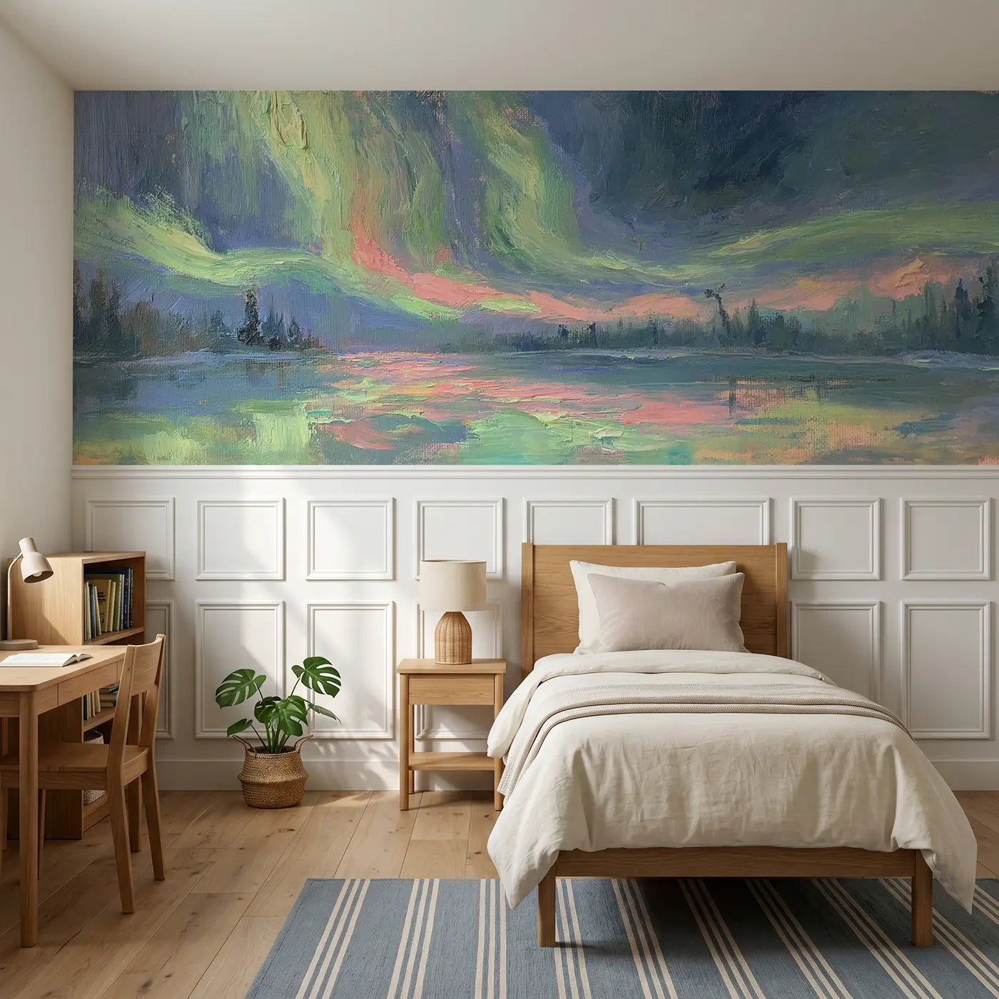 Painted Landscape northern lake aurora glow wainscoting wallpaper for bedroom by Whimsy Tots