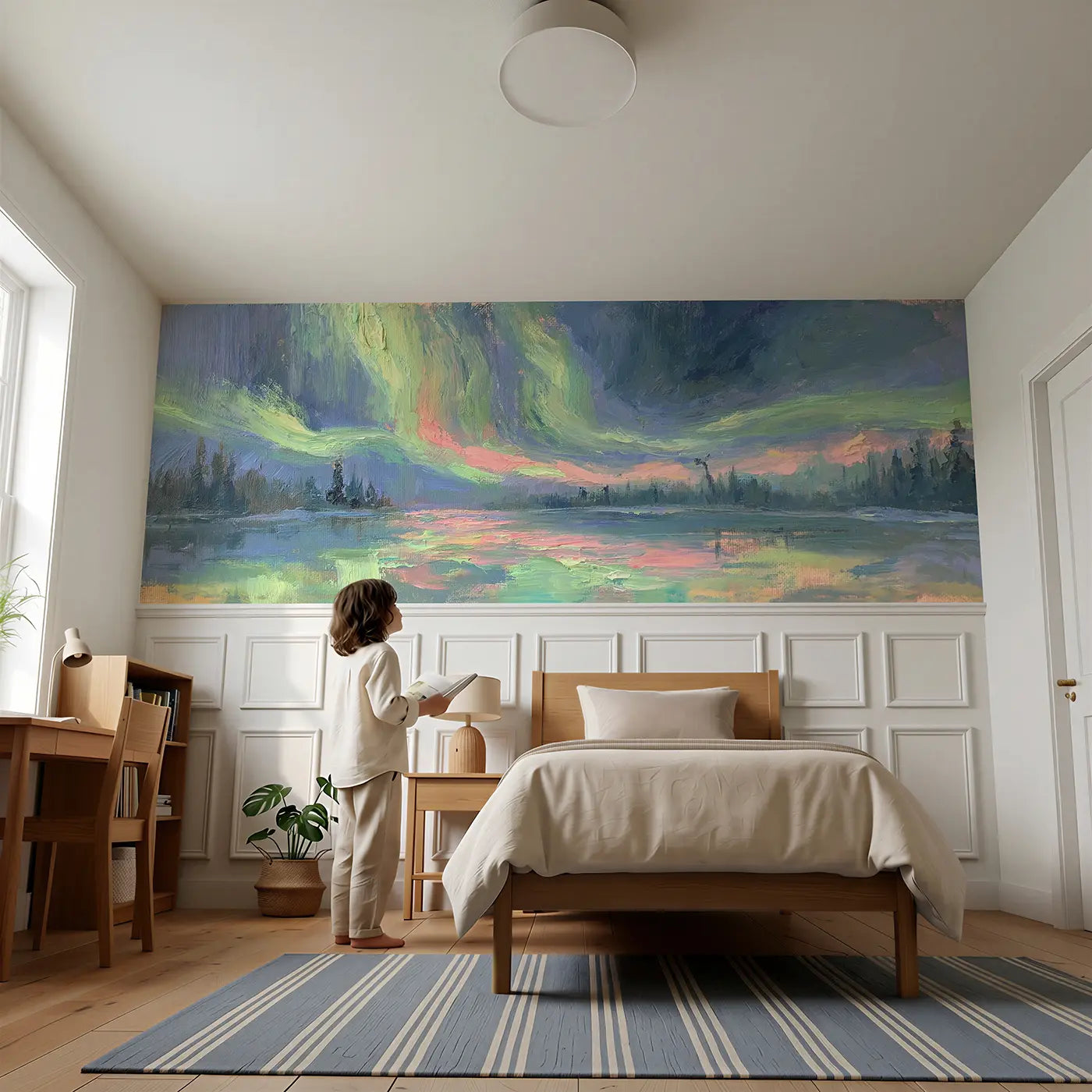 Child reading near Northern Lake Aurora Glow Wainscoting Wallpaper by Whimsy Tots