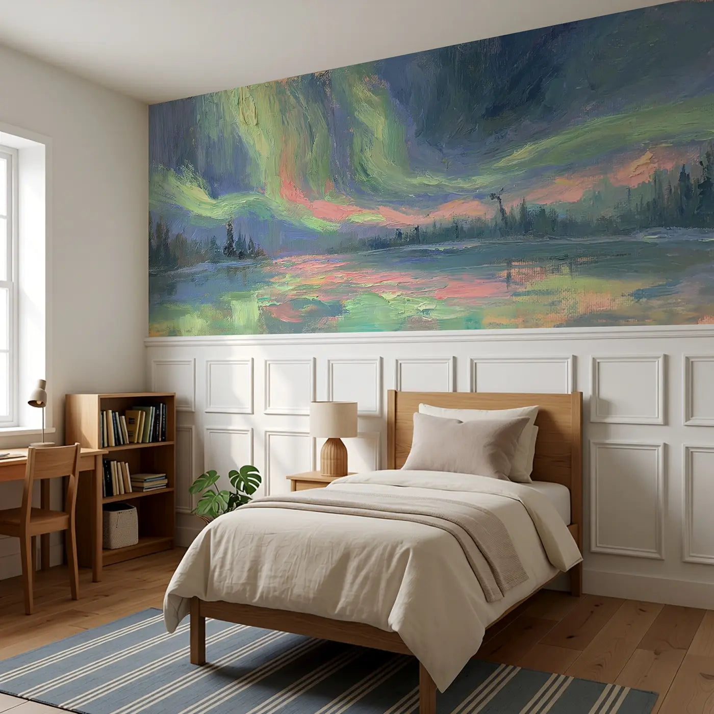Northern Lake Aurora Glow Wainscoting Wallpaper styled in a kids bedroom by Whimsy Tots
