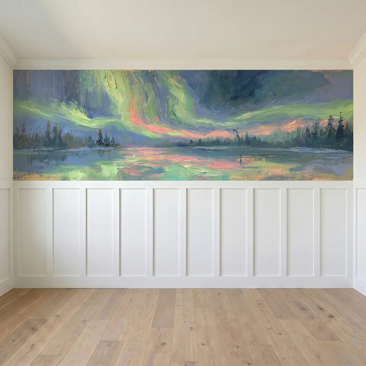 Full panel view of Northern Lake Aurora Glow Wainscoting Wallpaper by Whimsy Tots