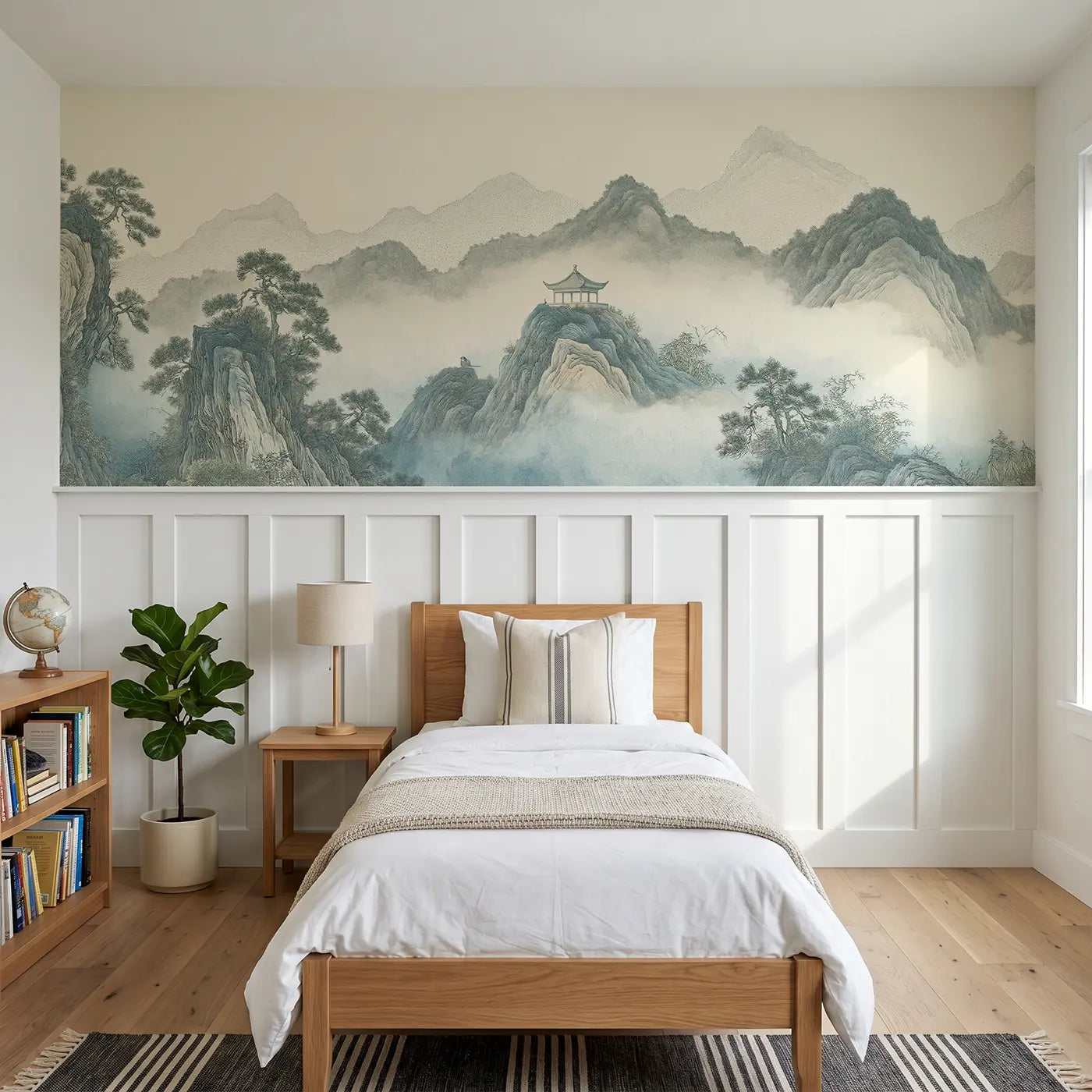 Botanical Elegance mountain pavilion mist wainscoting wallpaper for bedroom by Whimsy Tots