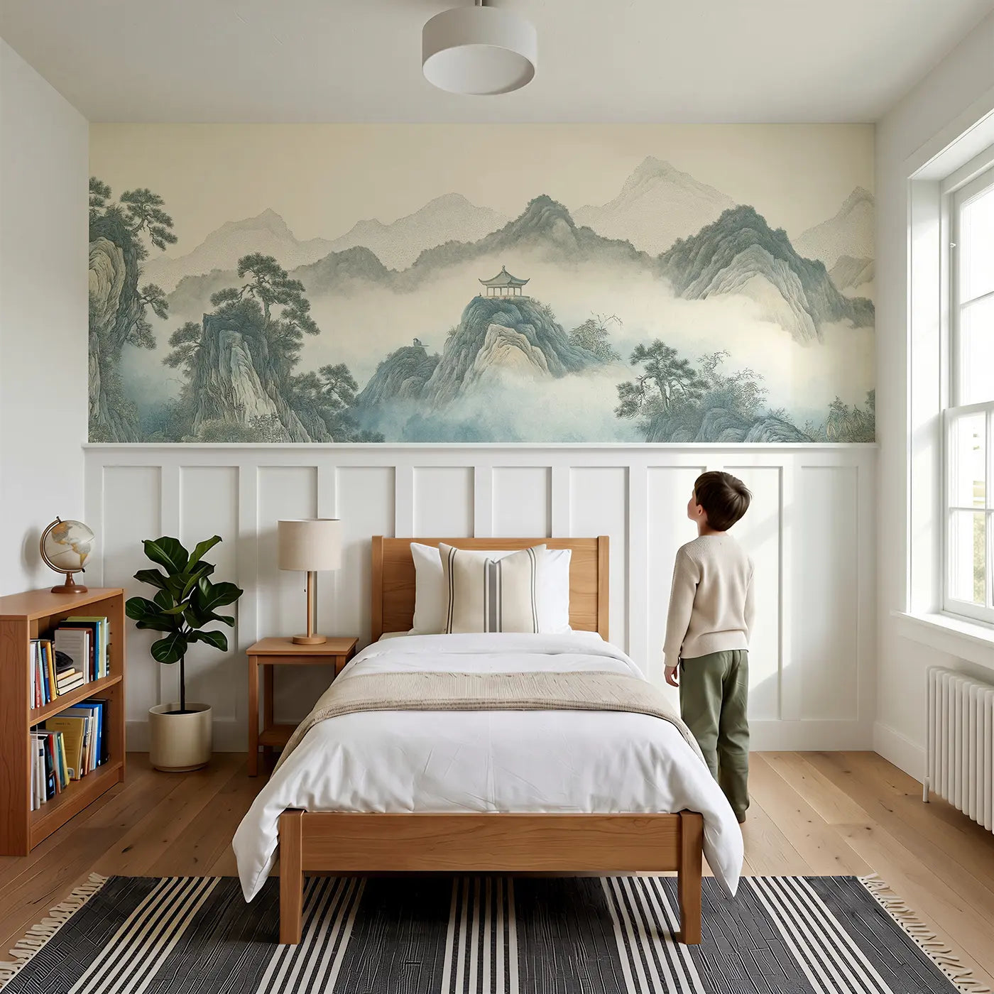 Child reading near Mountain Pavilion Mist Wainscoting Wallpaper by Whimsy Tots