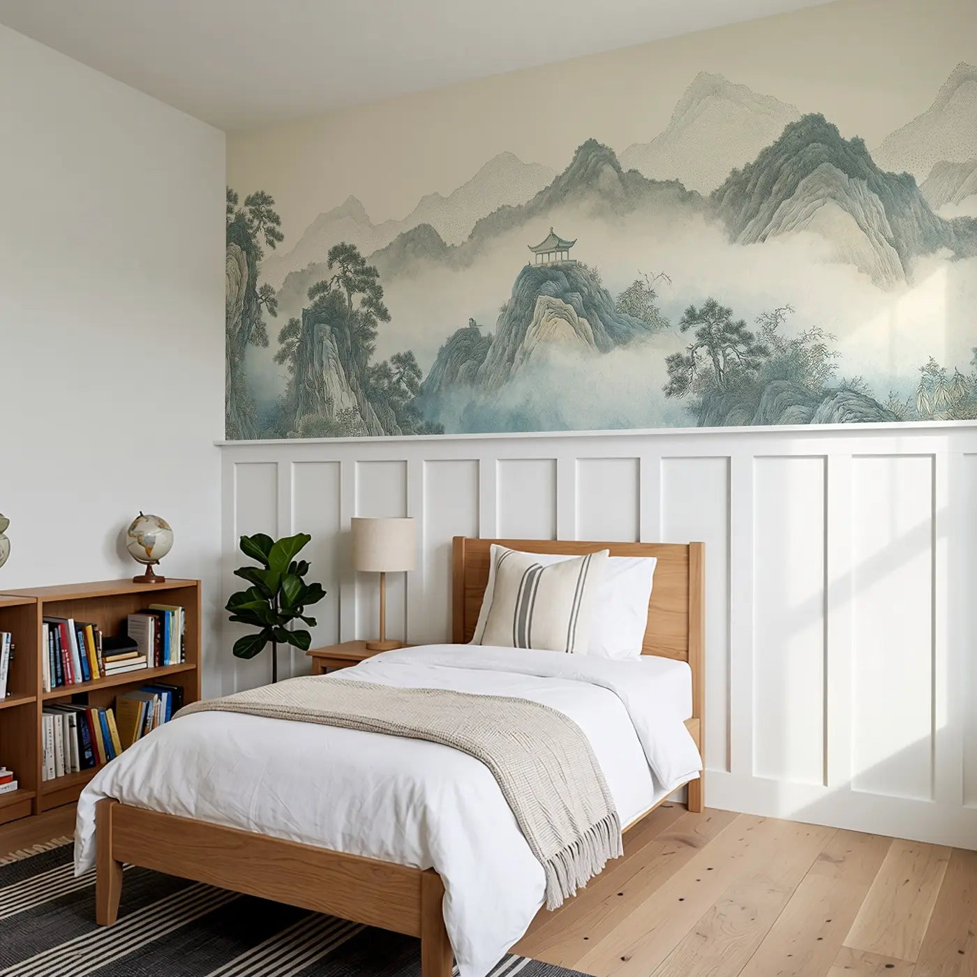 Mountain Pavilion Mist Wainscoting Wallpaper styled in a kids bedroom by Whimsy Tots
