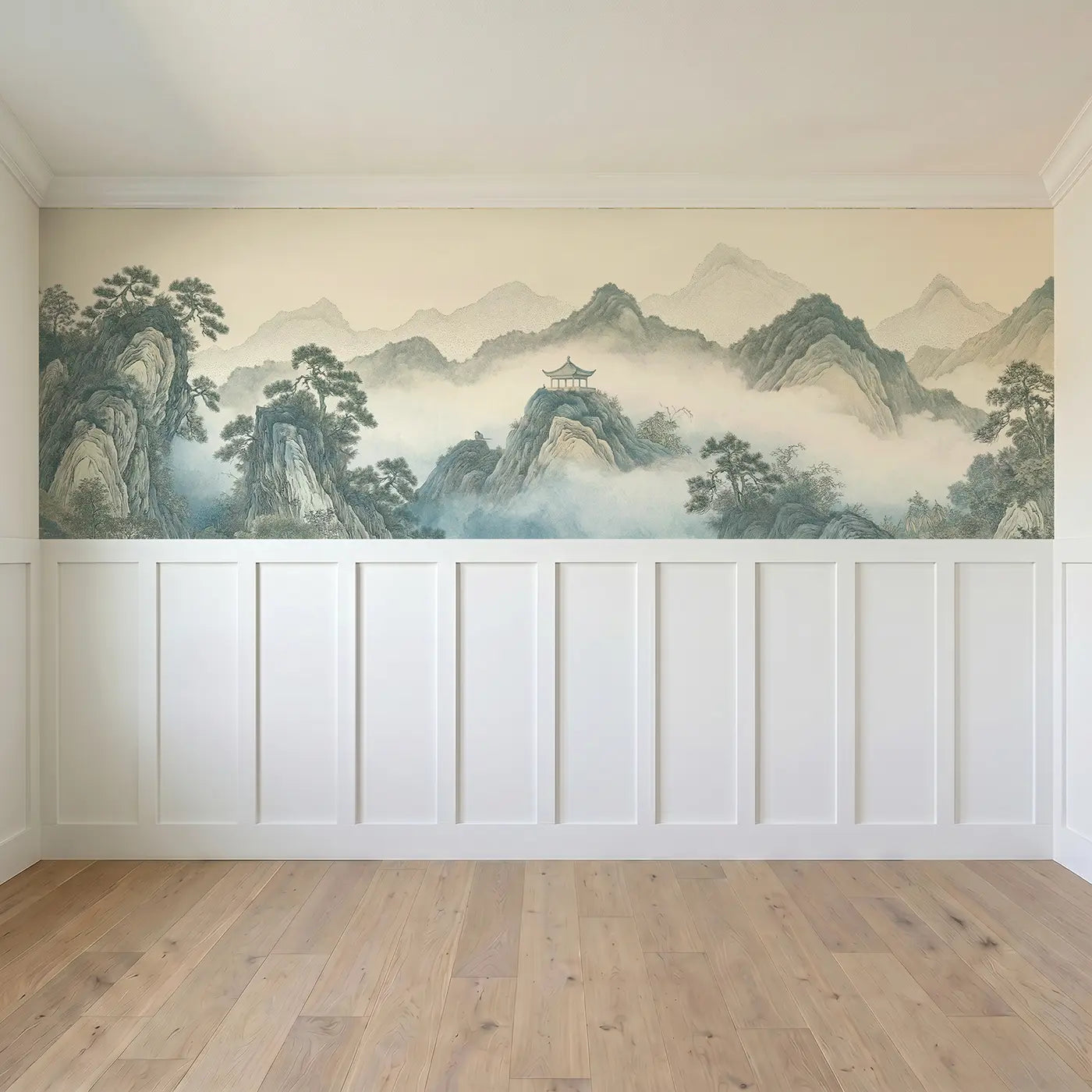 Full panel view of Mountain Pavilion Mist Wainscoting Wallpaper by Whimsy Tots