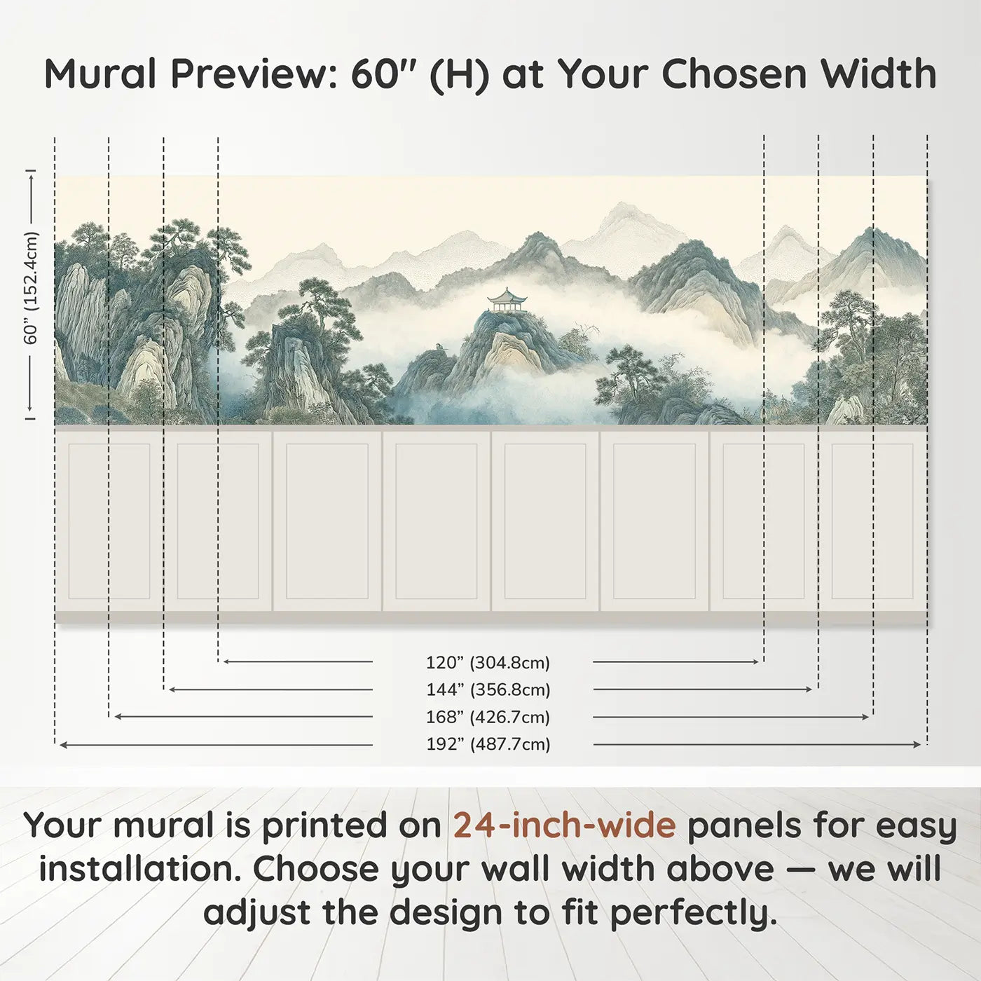 Panel dimensions for Mountain Pavilion Mist Wainscoting Wallpaper by Whimsy Tots