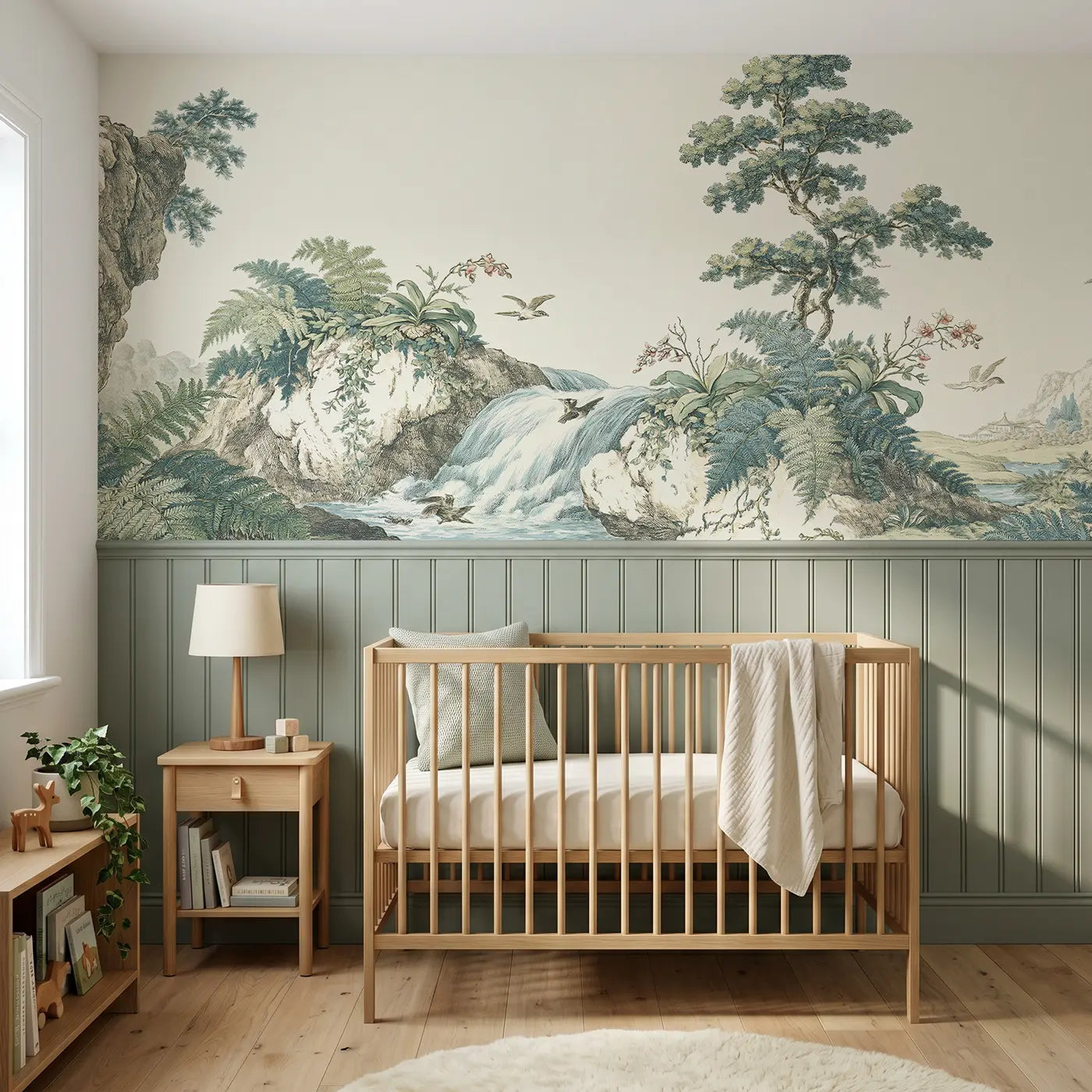Botanical Elegance waterfall cliff wainscoting wallpaper for nursery by Whimsy Tots