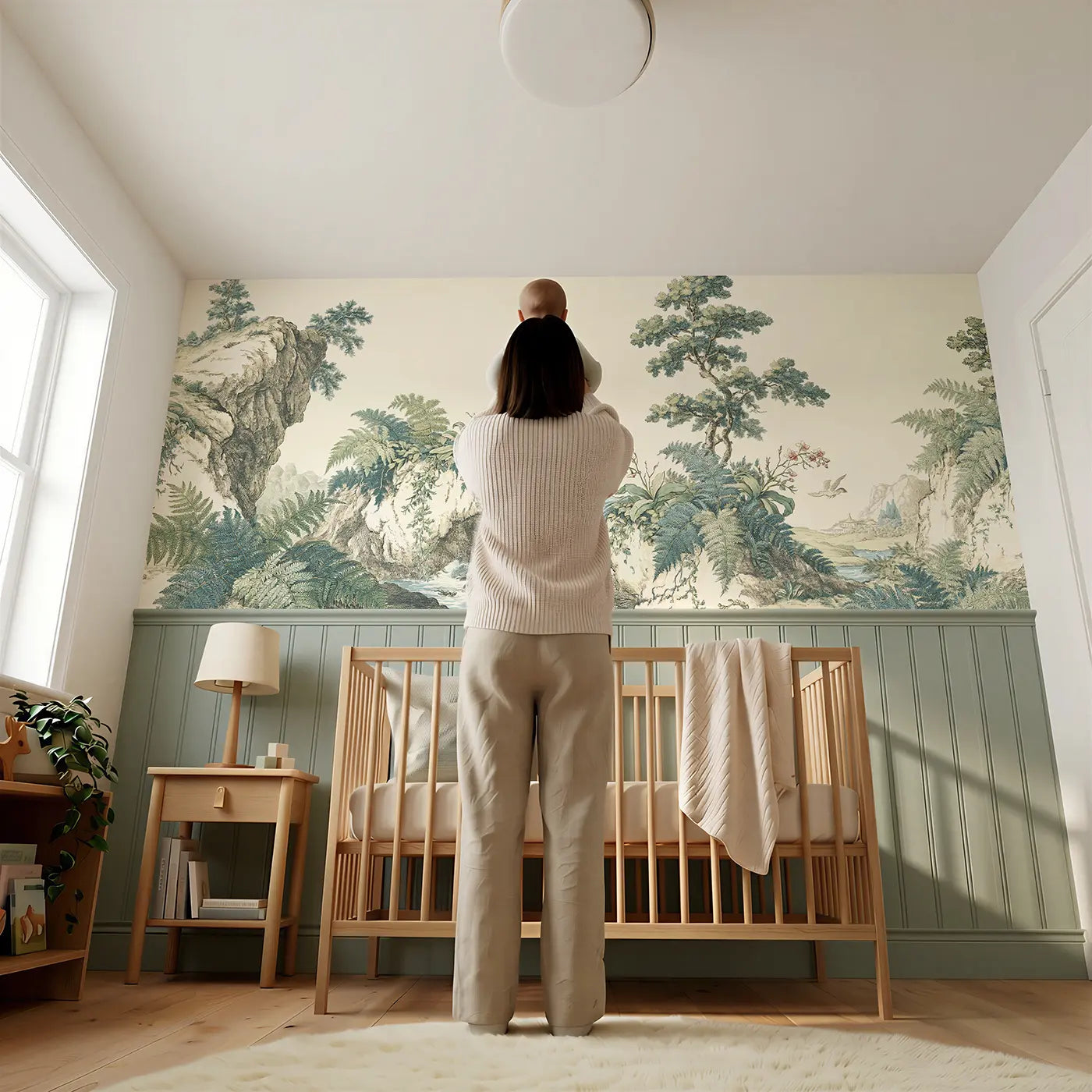 Child reading near Waterfall Cliff Botanical Wainscoting Wallpaper by Whimsy Tots