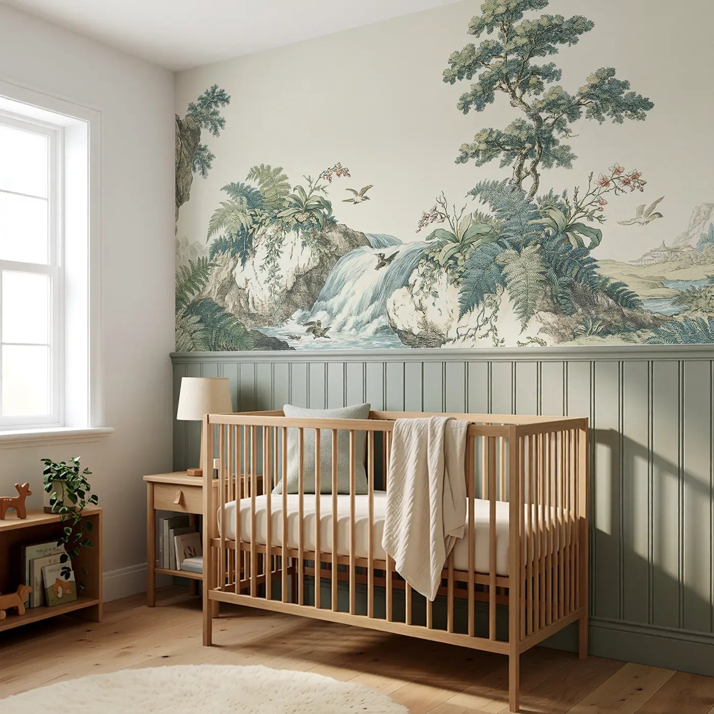 Waterfall Cliff Botanical Wainscoting Wallpaper styled in a kids bedroom by Whimsy Tots