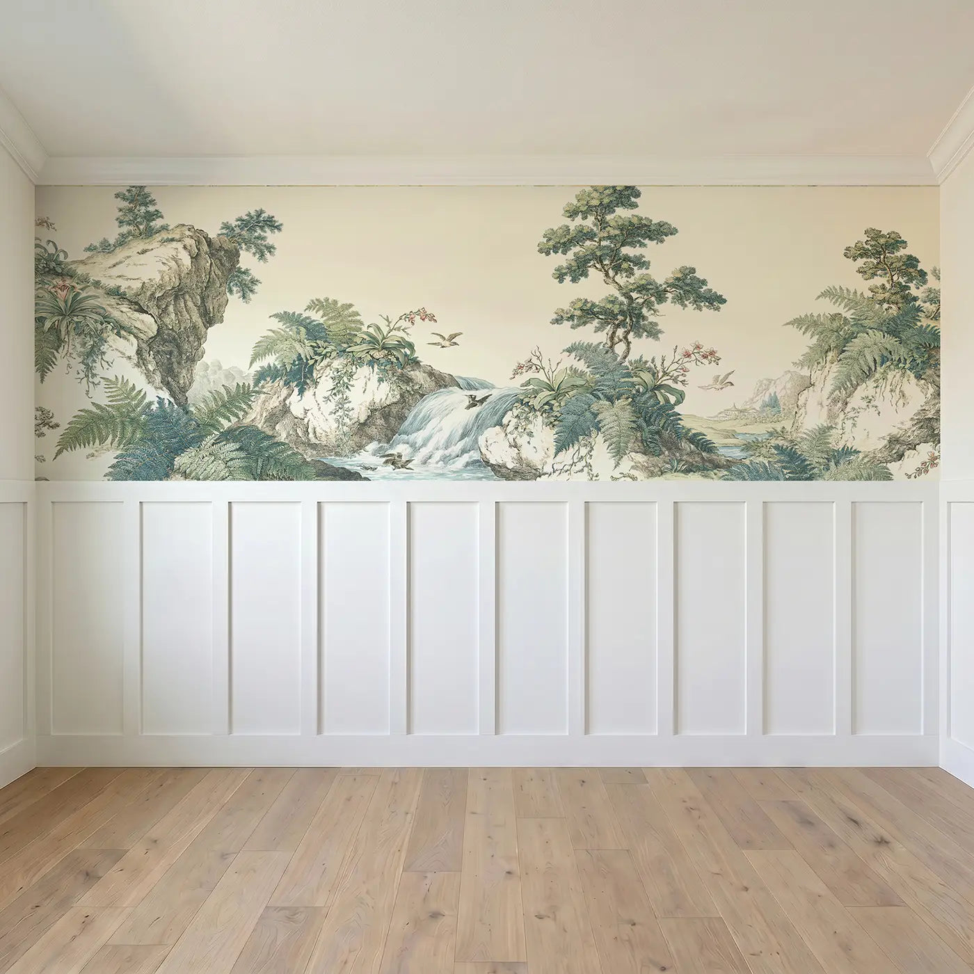Full panel view of Waterfall Cliff Botanical Wainscoting Wallpaper by Whimsy Tots
