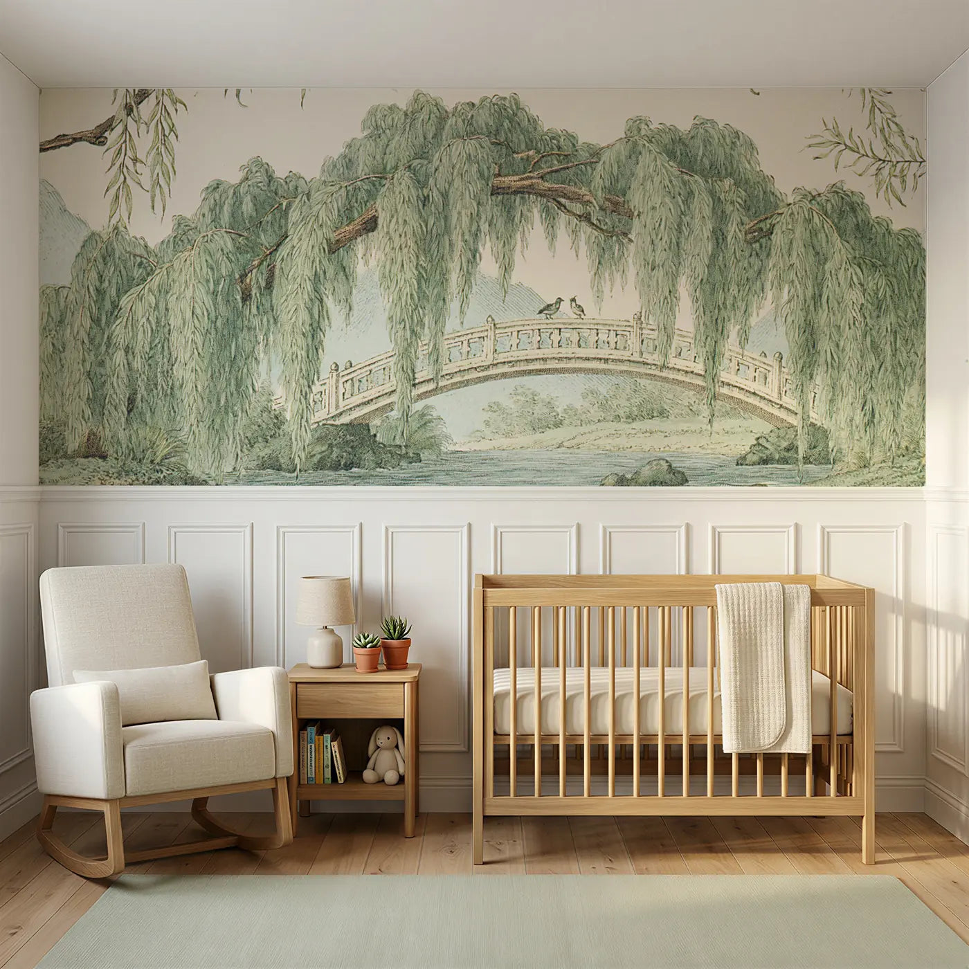 Botanical Elegance valley bridge willow wainscoting wallpaper for nursery by Whimsy Tots
