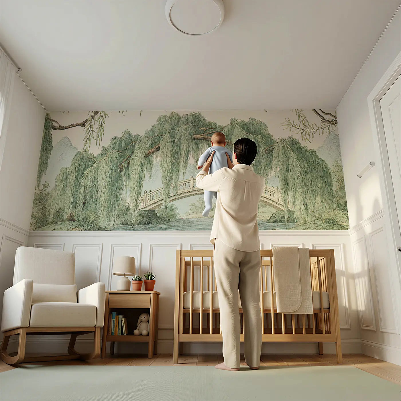 Child reading near Valley Bridge Willow Wainscoting Wallpaper by Whimsy Tots