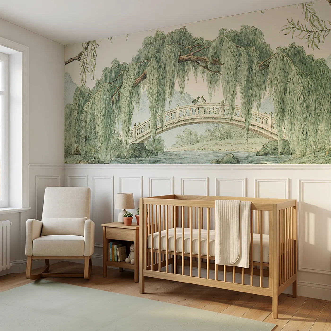 Valley Bridge Willow Wainscoting Wallpaper styled in a kids bedroom by Whimsy Tots