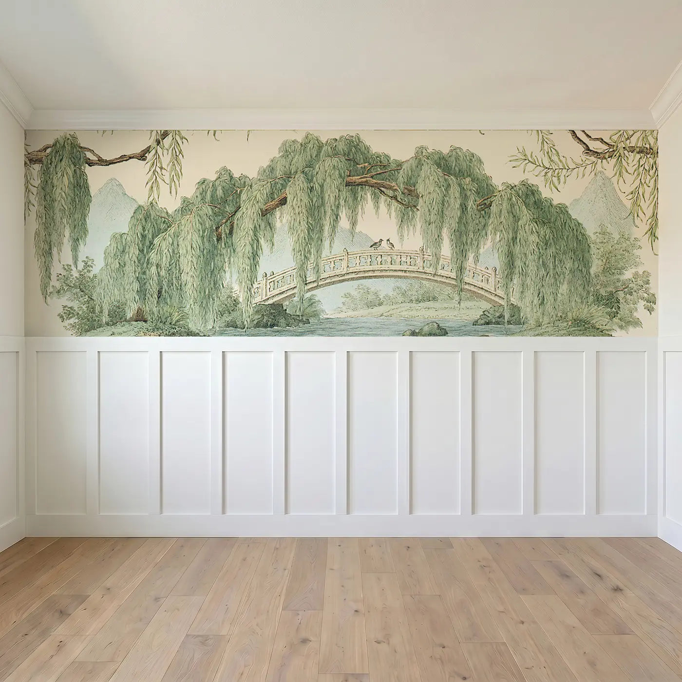 Full panel view of Valley Bridge Willow Wainscoting Wallpaper by Whimsy Tots