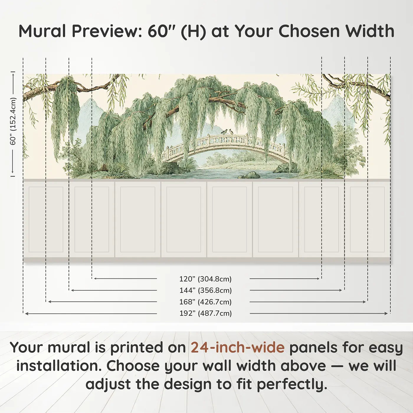 Panel dimensions for Valley Bridge Willow Wainscoting Wallpaper by Whimsy Tots