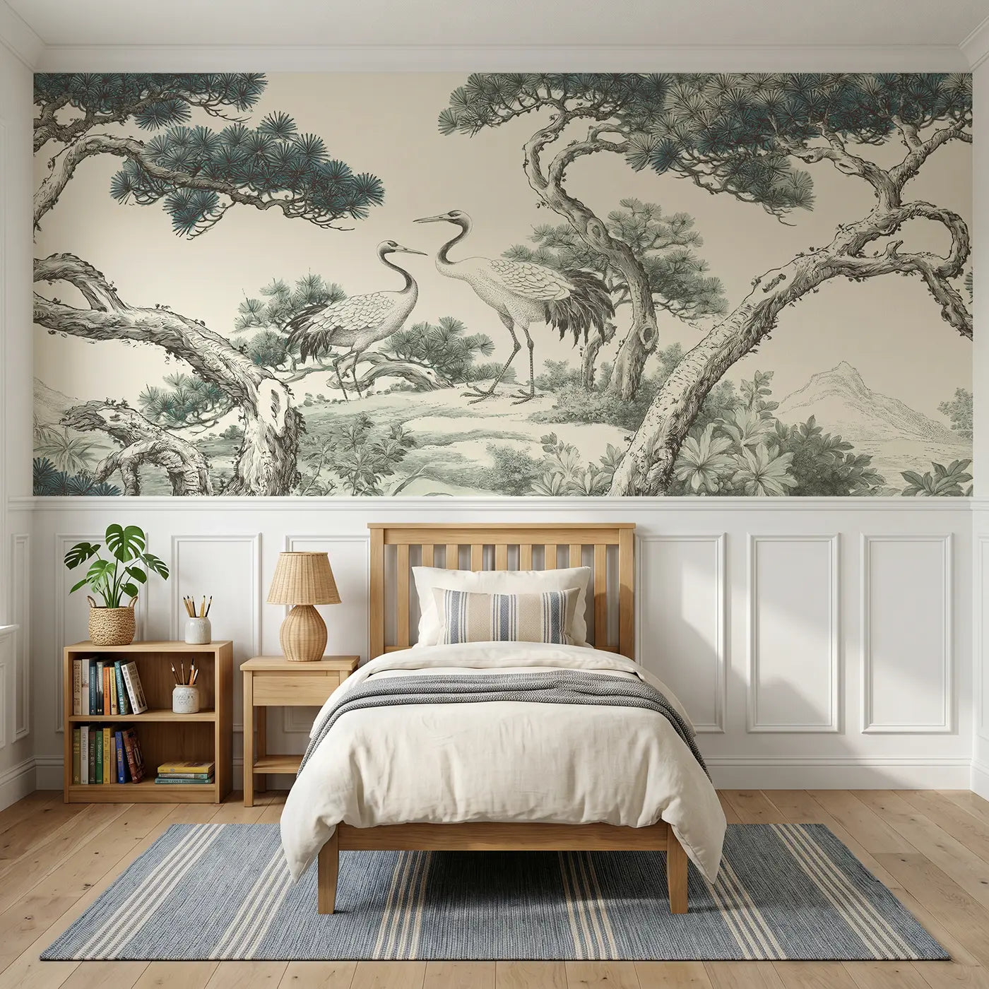 Botanical Elegance pine mountain crane scene wainscoting wallpaper for bedroom by Whimsy Tots