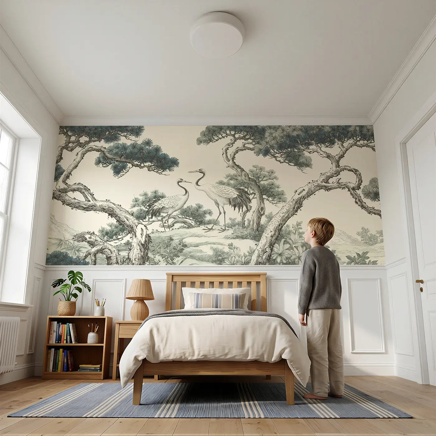 Child reading near Pine Mountain Crane Scene Wainscoting Wallpaper by Whimsy Tots
