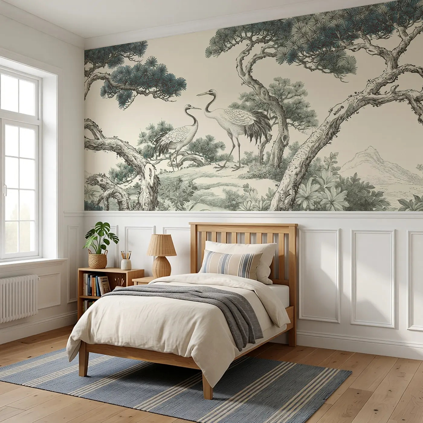 Pine Mountain Crane Scene Wainscoting Wallpaper styled in a kids bedroom by Whimsy Tots