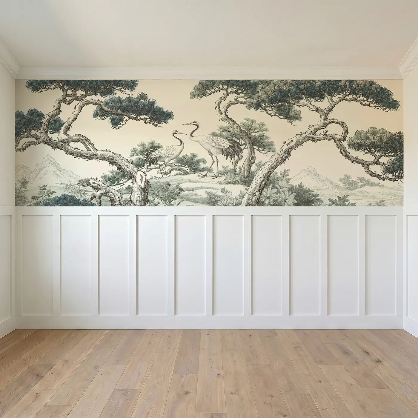 Full panel view of Pine Mountain Crane Scene Wainscoting Wallpaper by Whimsy Tots