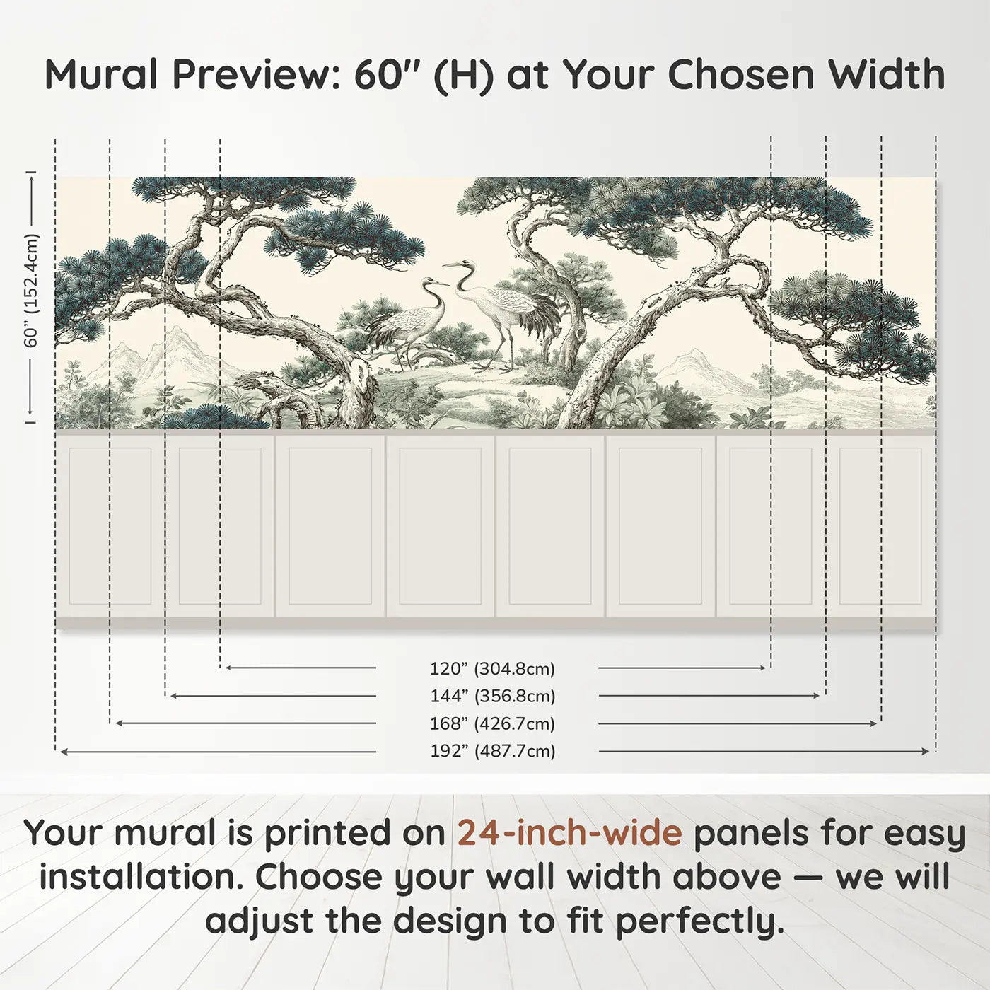 Panel dimensions for Pine Mountain Crane Scene Wainscoting Wallpaper by Whimsy Tots