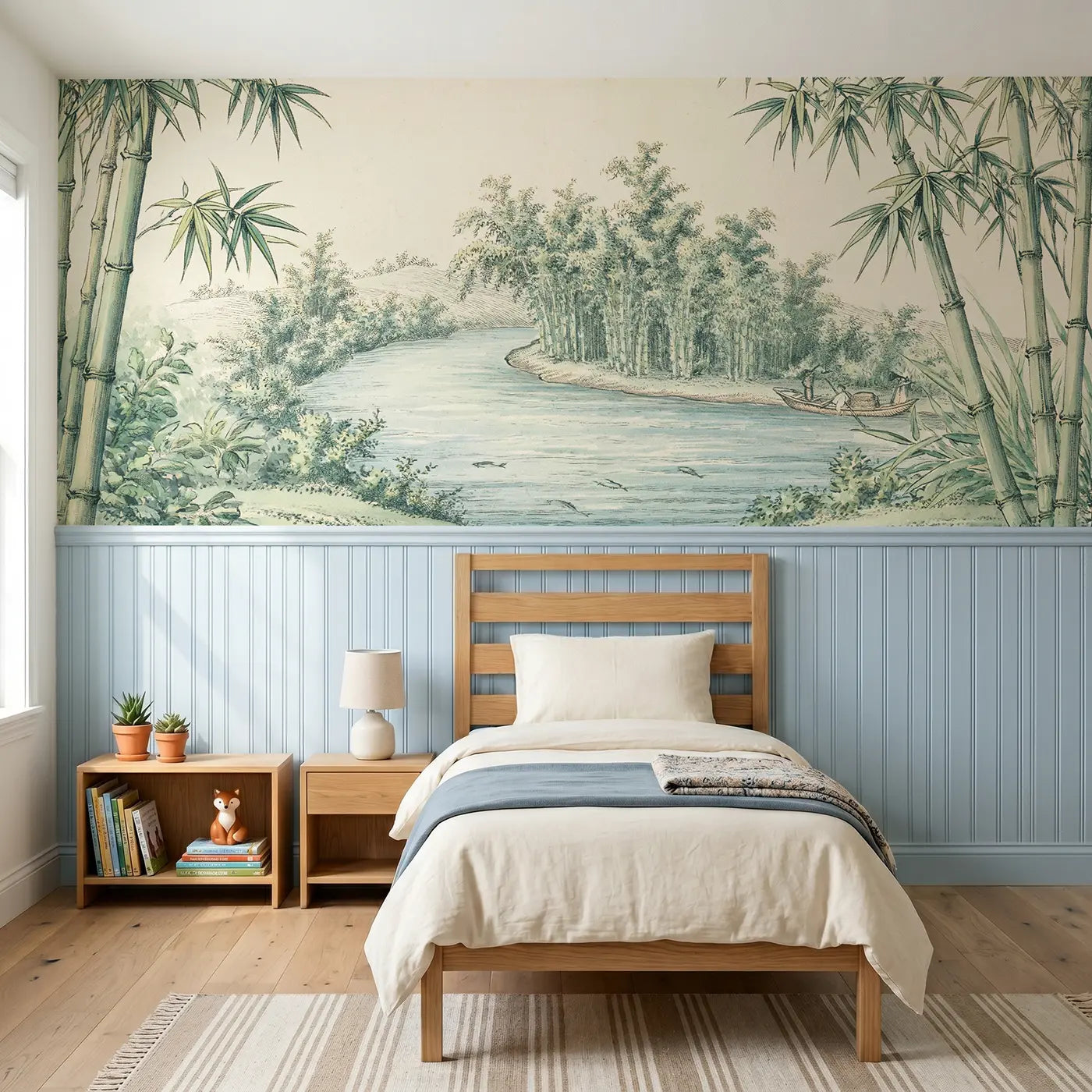 Botanical Elegance river bamboo landscape wainscoting wallpaper for bedroom by Whimsy Tots