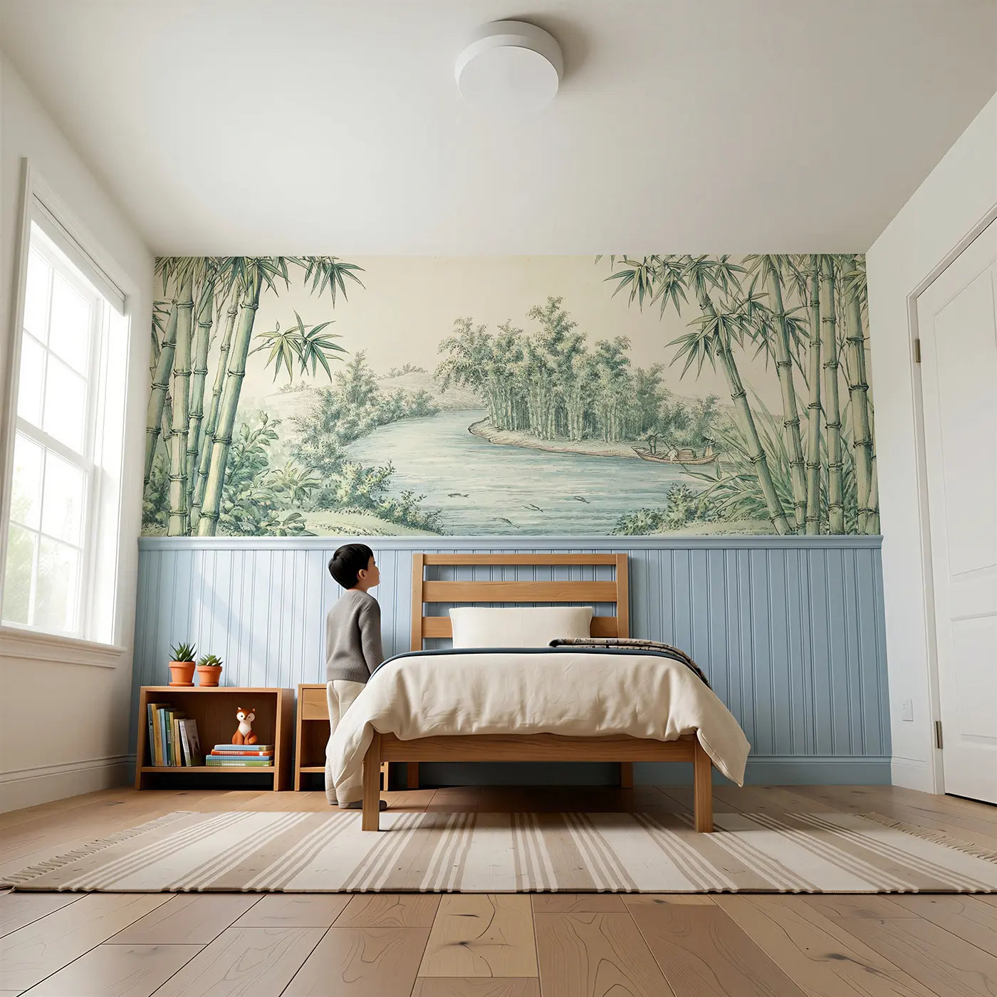 Child reading near River Bamboo Landscape Wainscoting Wallpaper by Whimsy Tots