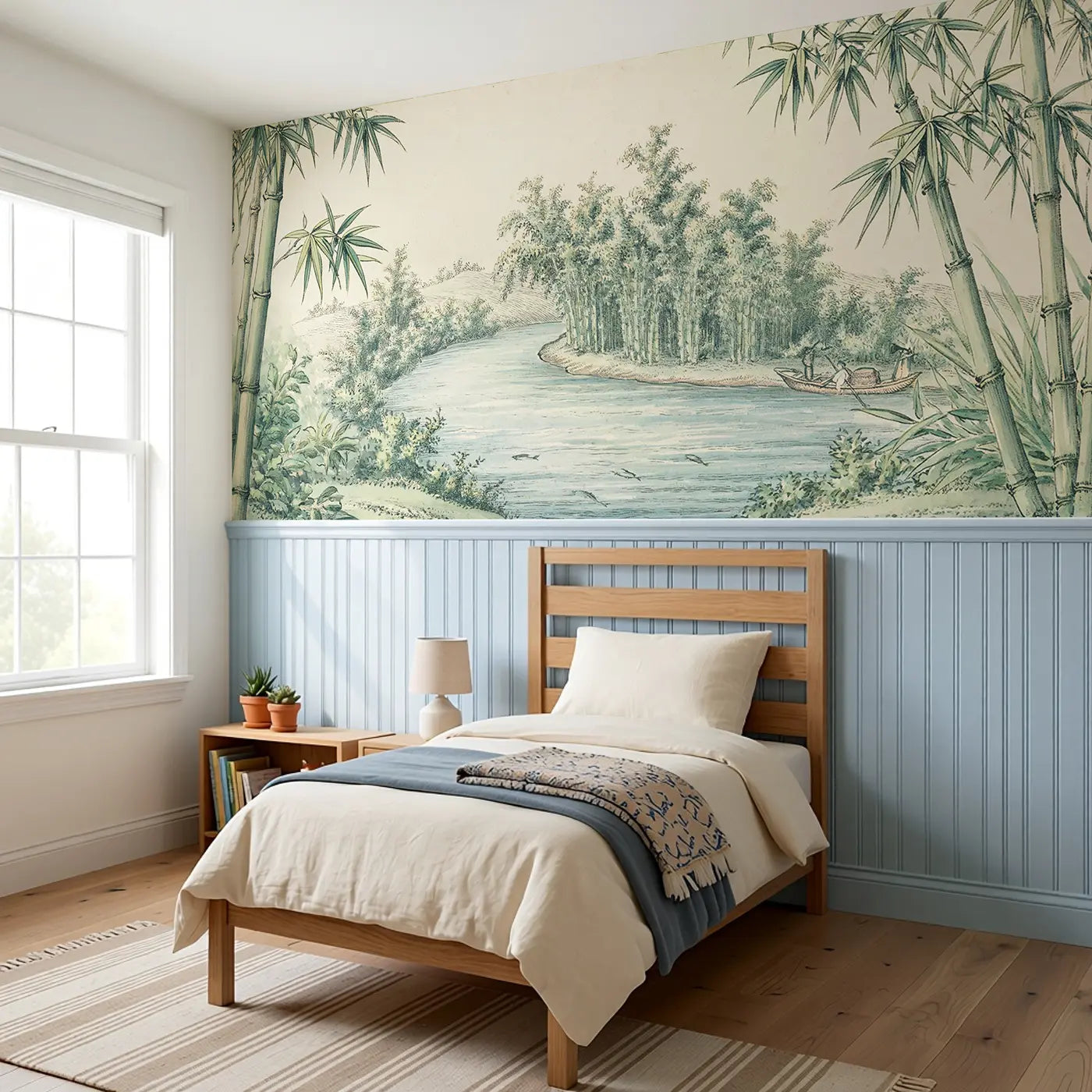 River Bamboo Landscape Wainscoting Wallpaper styled in a kids bedroom by Whimsy Tots