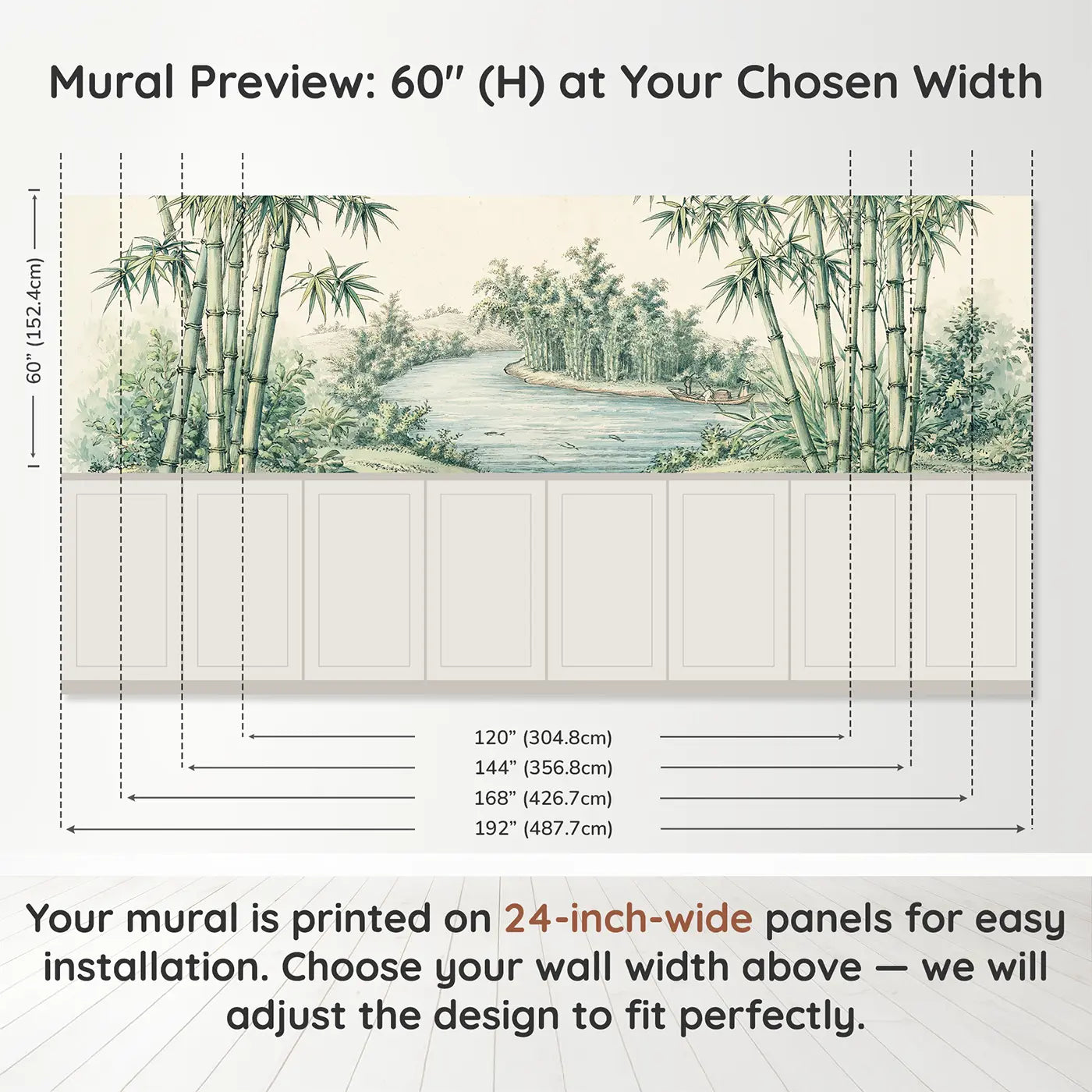 Panel dimensions for River Bamboo Landscape Wainscoting Wallpaper by Whimsy Tots