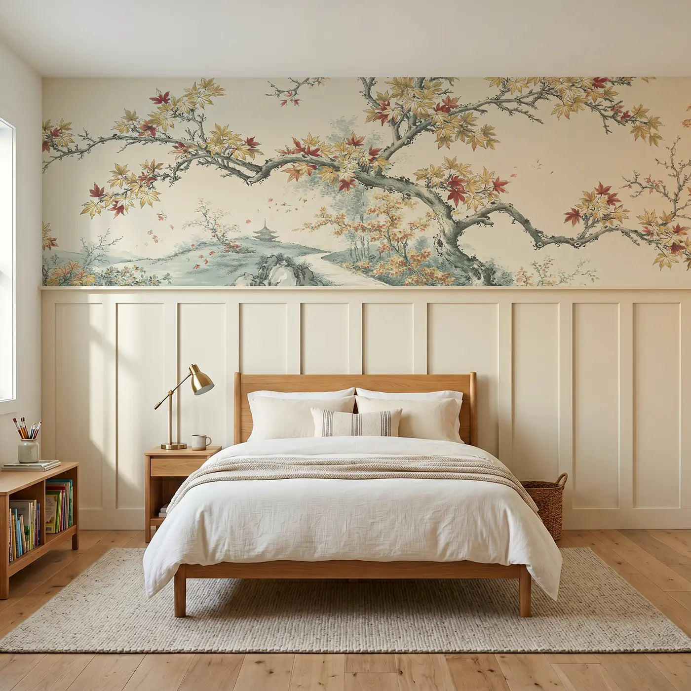 Botanical Elegance autumn maple mountain path wainscoting wallpaper for bedroom by Whimsy Tots