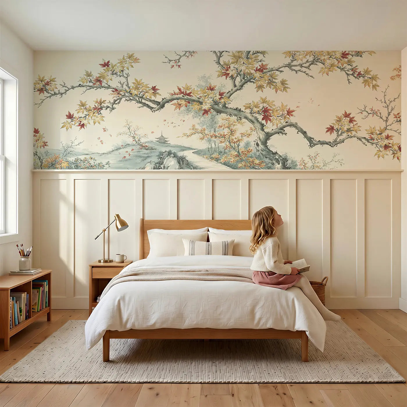 Child reading near Autumn Maple Mountain Path Wainscoting Wallpaper by Whimsy Tots