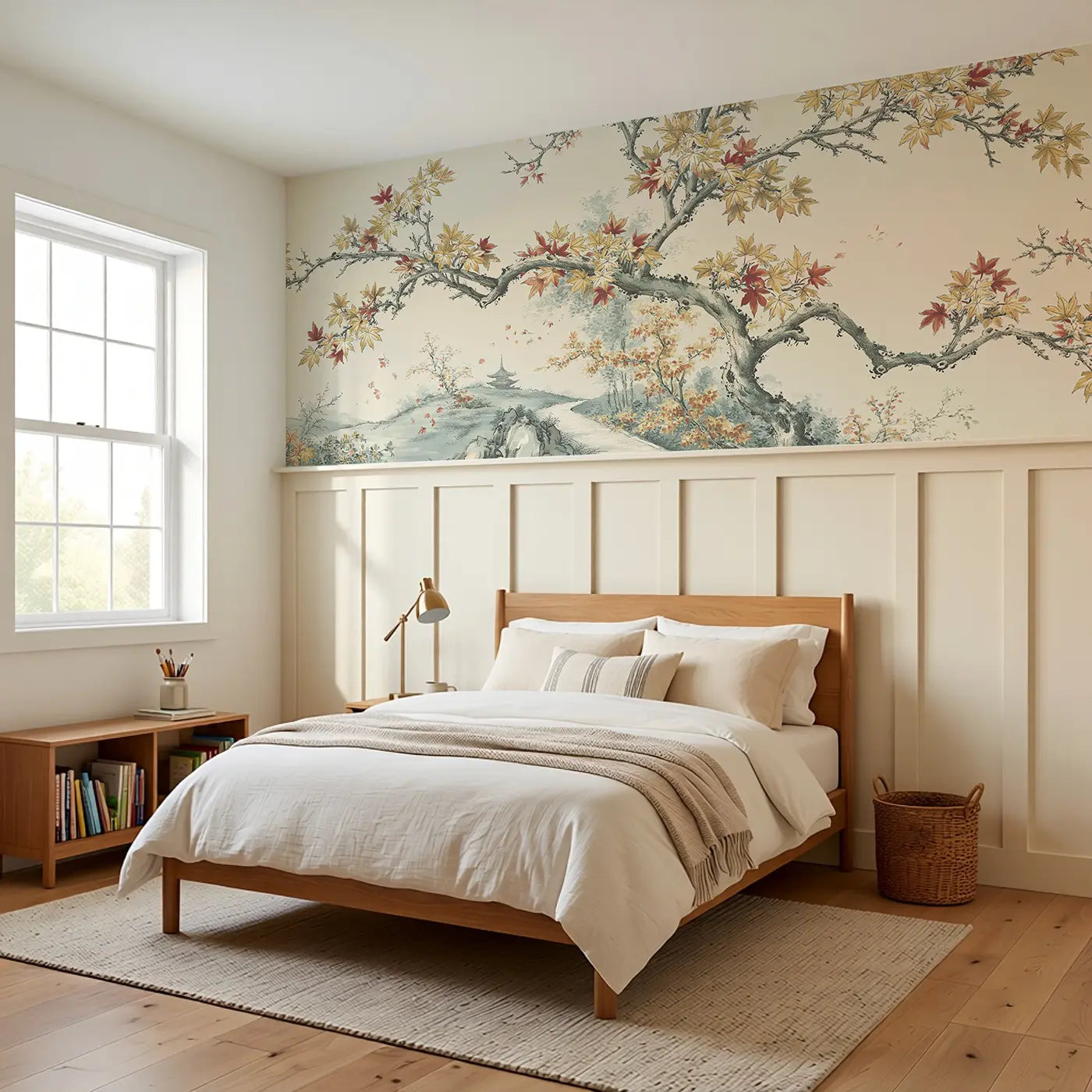 Autumn Maple Mountain Path Wainscoting Wallpaper styled in a kids bedroom by Whimsy Tots