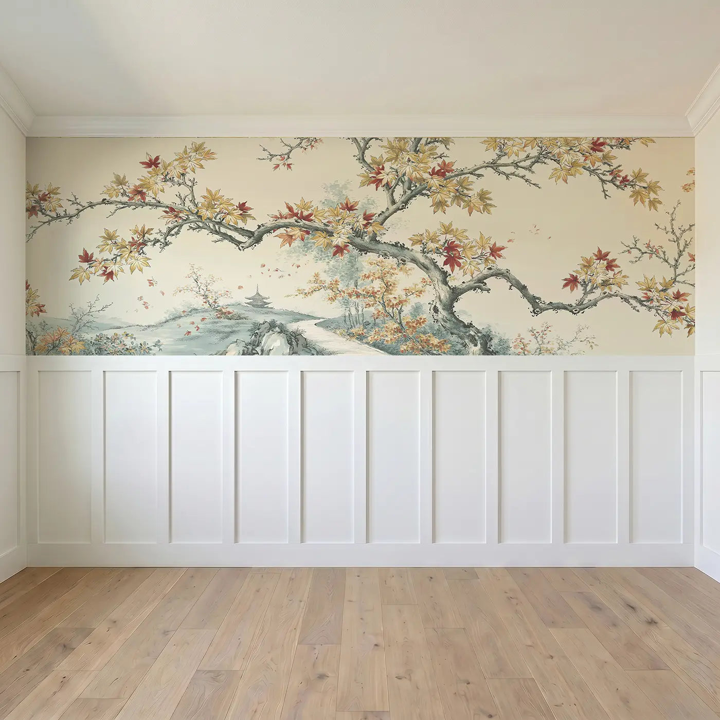 Full panel view of Autumn Maple Mountain Path Wainscoting Wallpaper by Whimsy Tots