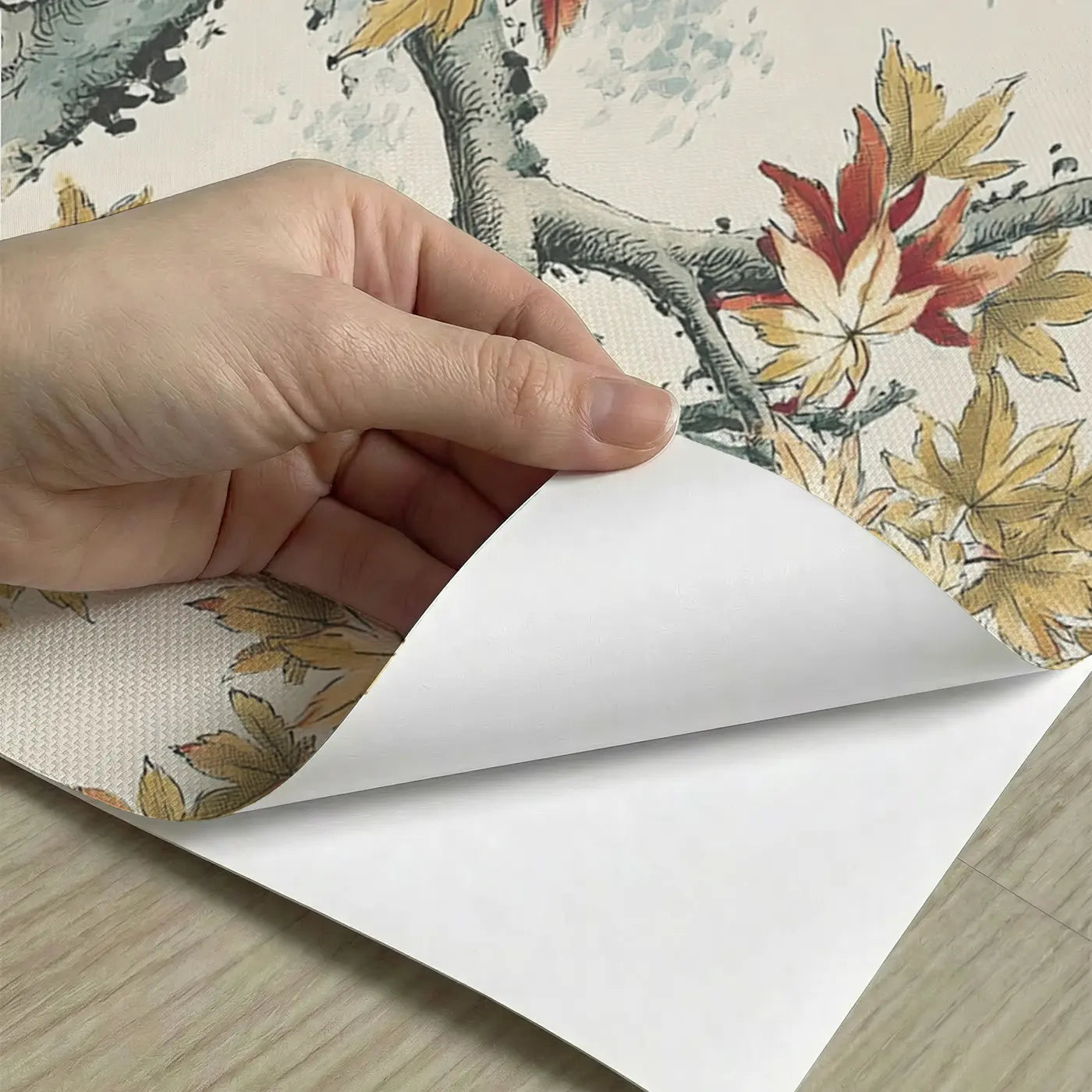 Peel-and-stick detail of Autumn Maple Mountain Path Wainscoting Wallpaper by Whimsy Tots