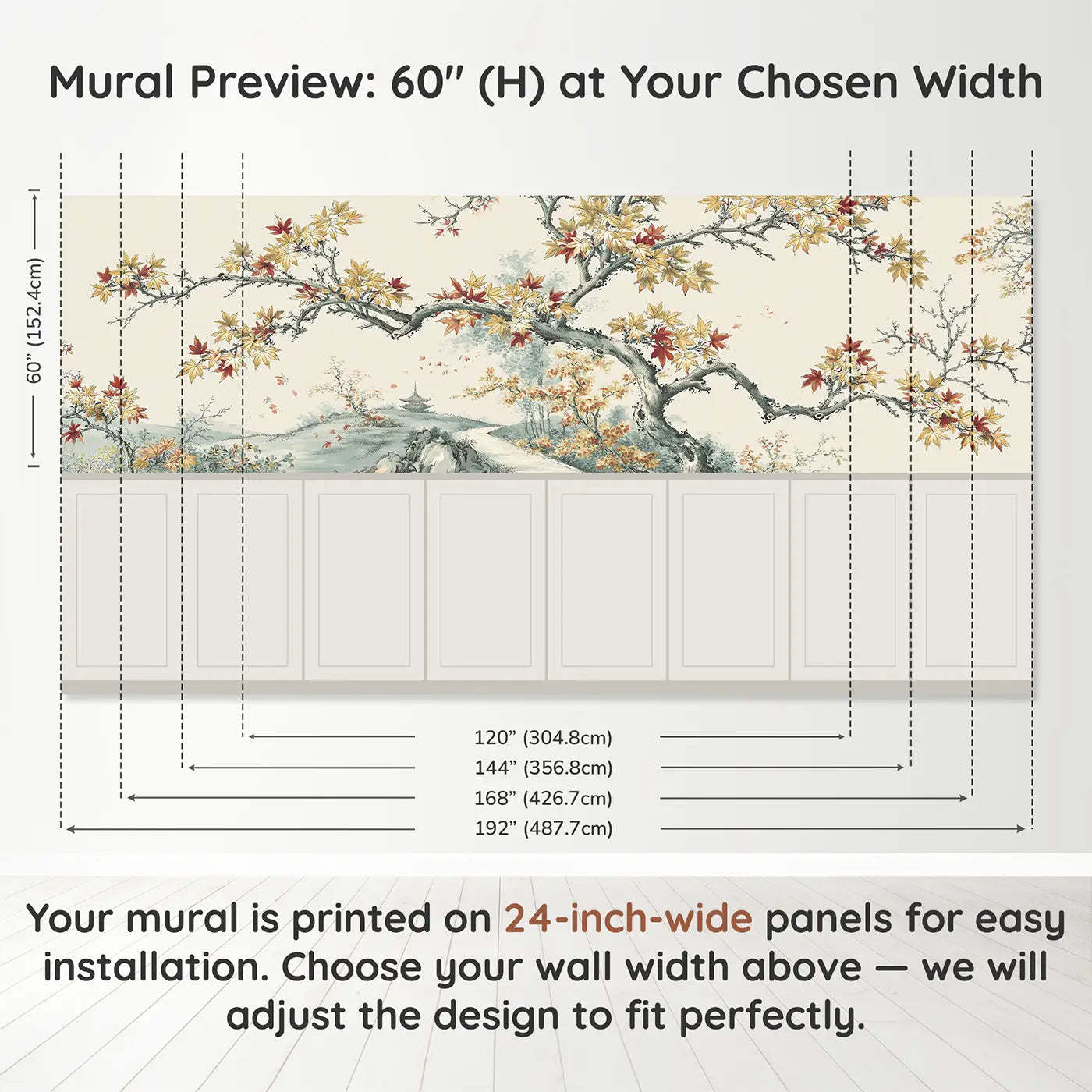 Panel dimensions for Autumn Maple Mountain Path Wainscoting Wallpaper by Whimsy Tots