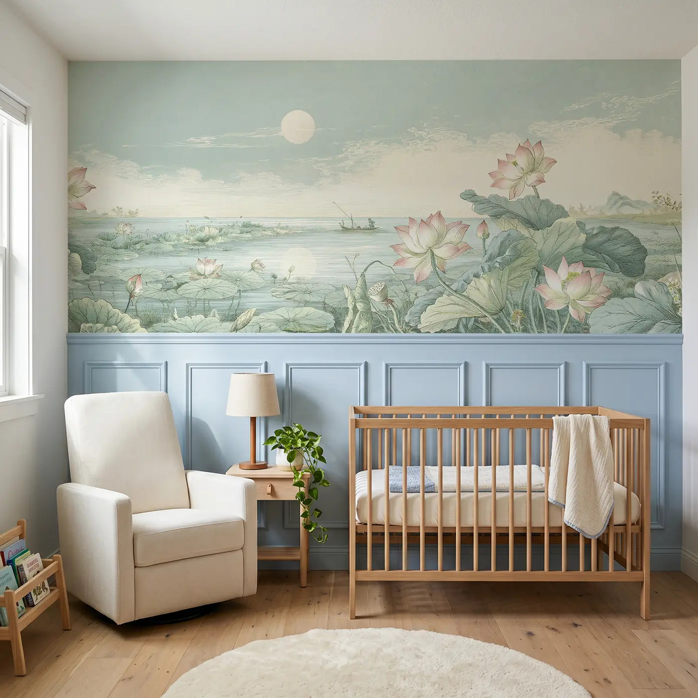 Botanical Elegance lake lotus moon scene wainscoting wallpaper for nursery by Whimsy Tots