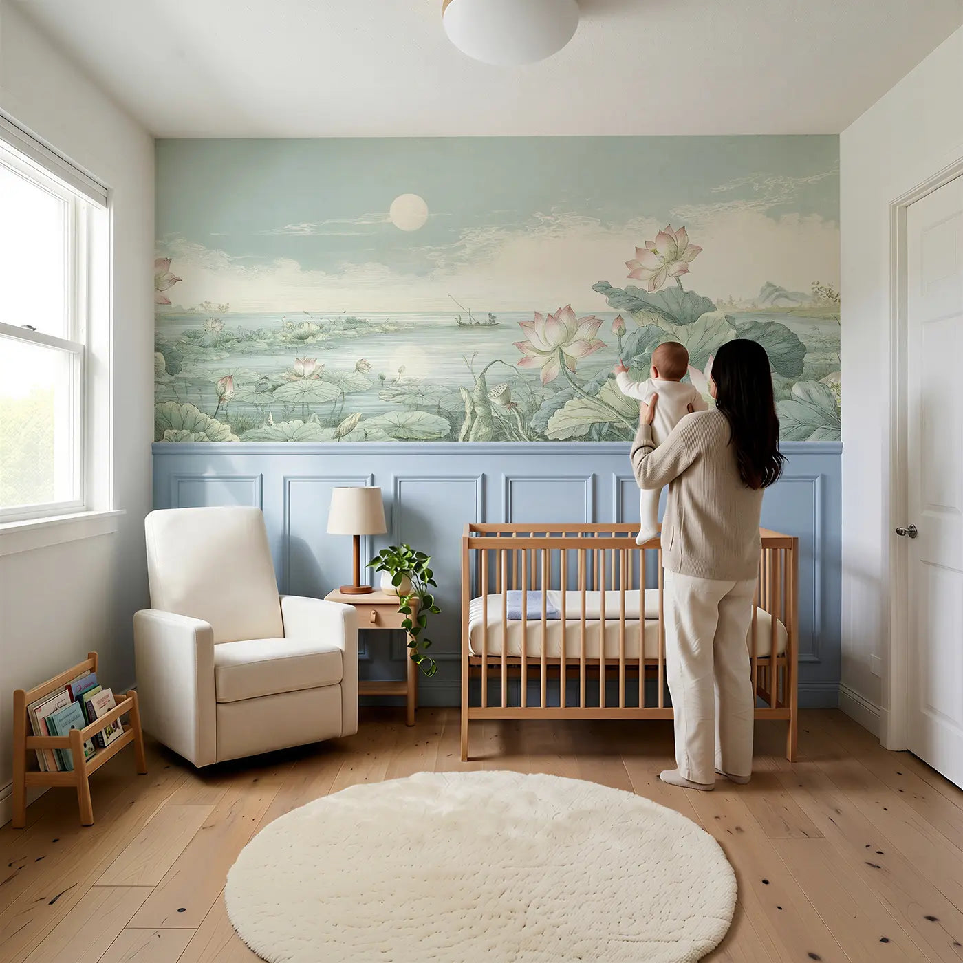 Child reading near Lake Lotus Moon Scene Wainscoting Wallpaper by Whimsy Tots