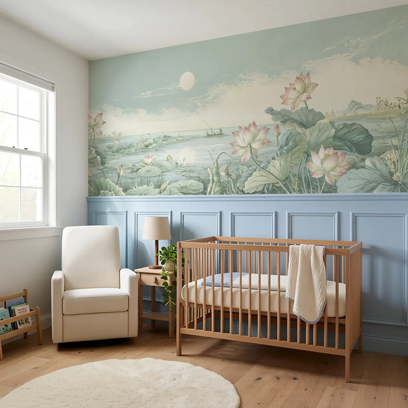 Lake Lotus Moon Scene Wainscoting Wallpaper styled in a kids bedroom by Whimsy Tots