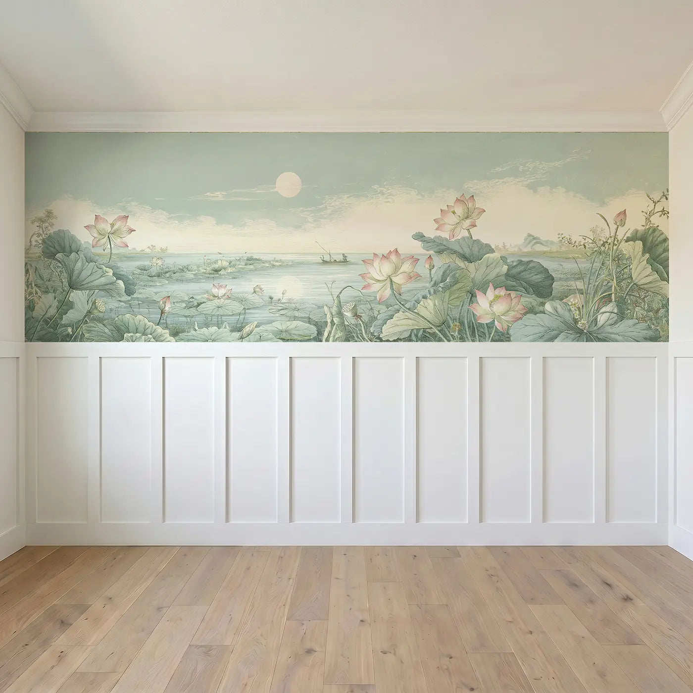 Full panel view of Lake Lotus Moon Scene Wainscoting Wallpaper by Whimsy Tots