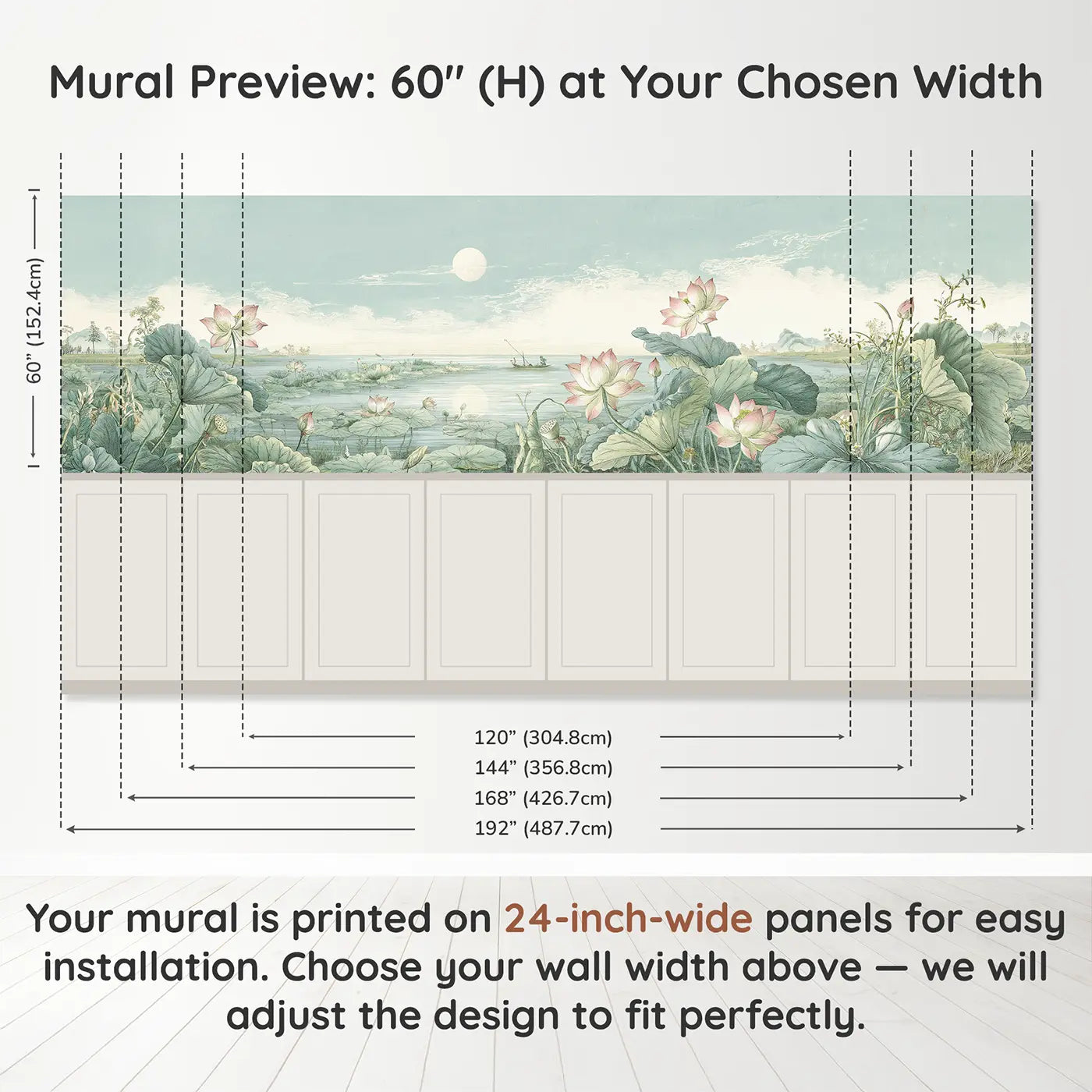 Panel dimensions for Lake Lotus Moon Scene Wainscoting Wallpaper by Whimsy Tots